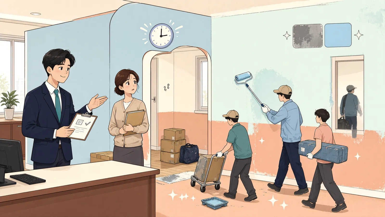 「원상회복을 늦춘 임차인, 석 달치 임대료를 모두 물어야 할까」 상황을 그린 삽화