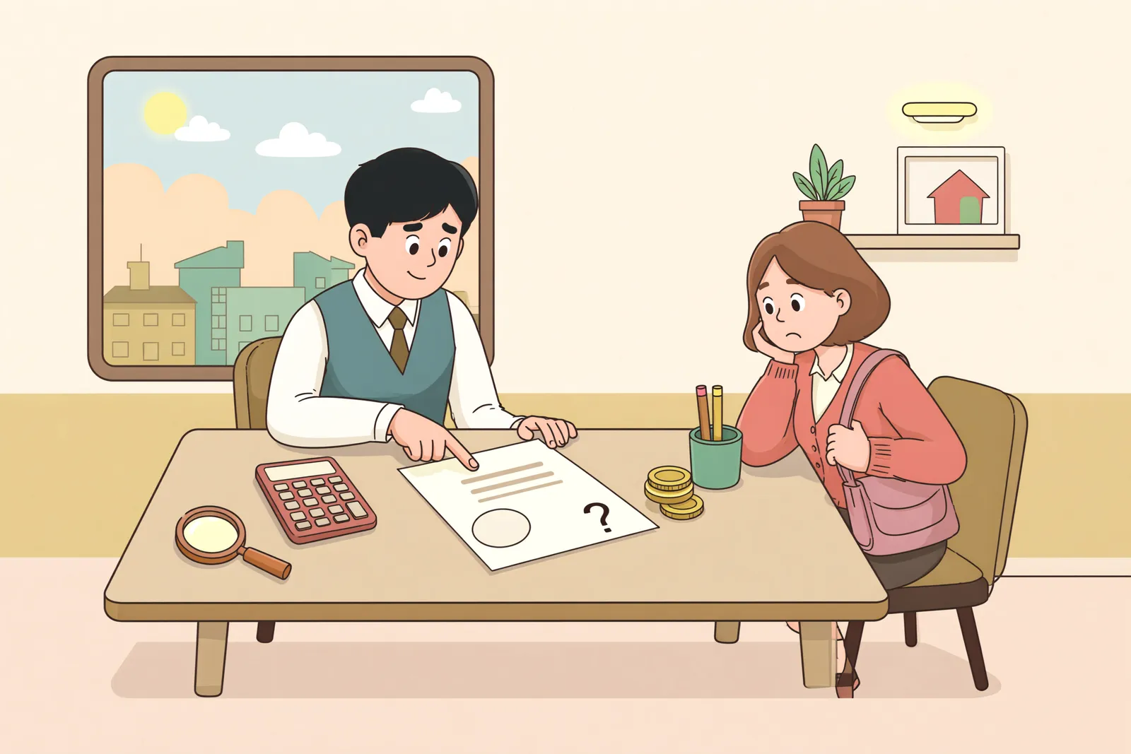 「변제기·이자 약정이 없는 상인 간 대여금, 어떻게 돌려받을까」 상황을 그린 삽화