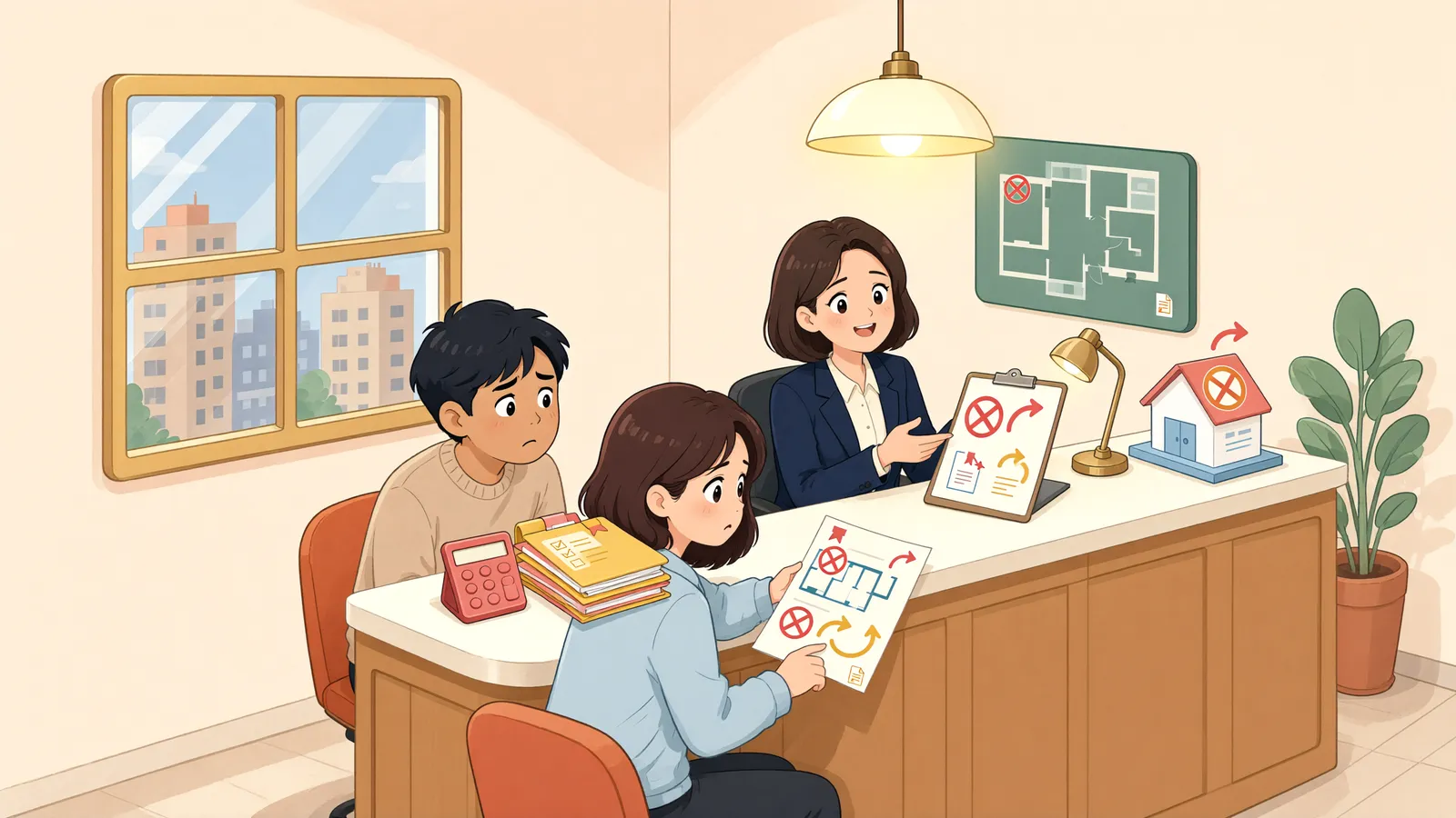 「경매가 몇 번이나 다시 열렸다면, 주민등록은 언제까지 있어야 할까?」 상황을 그린 삽화