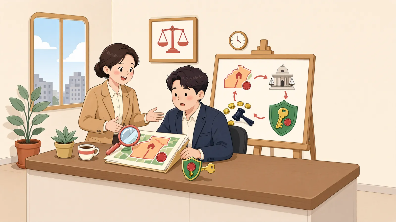「보상금은 공탁됐고, 다른 채권자가 전부명령을 받았다면?」 상황을 그린 삽화