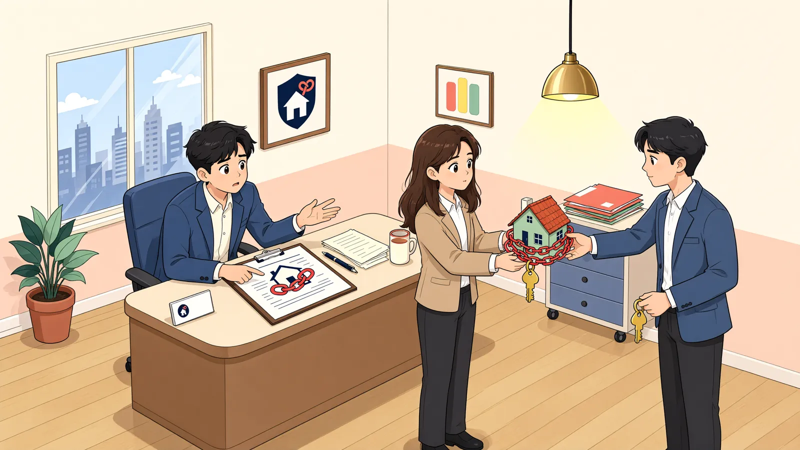 「분양계약은 했는데, 건물 등기는 누구에게 갈까?」 상황을 그린 삽화
