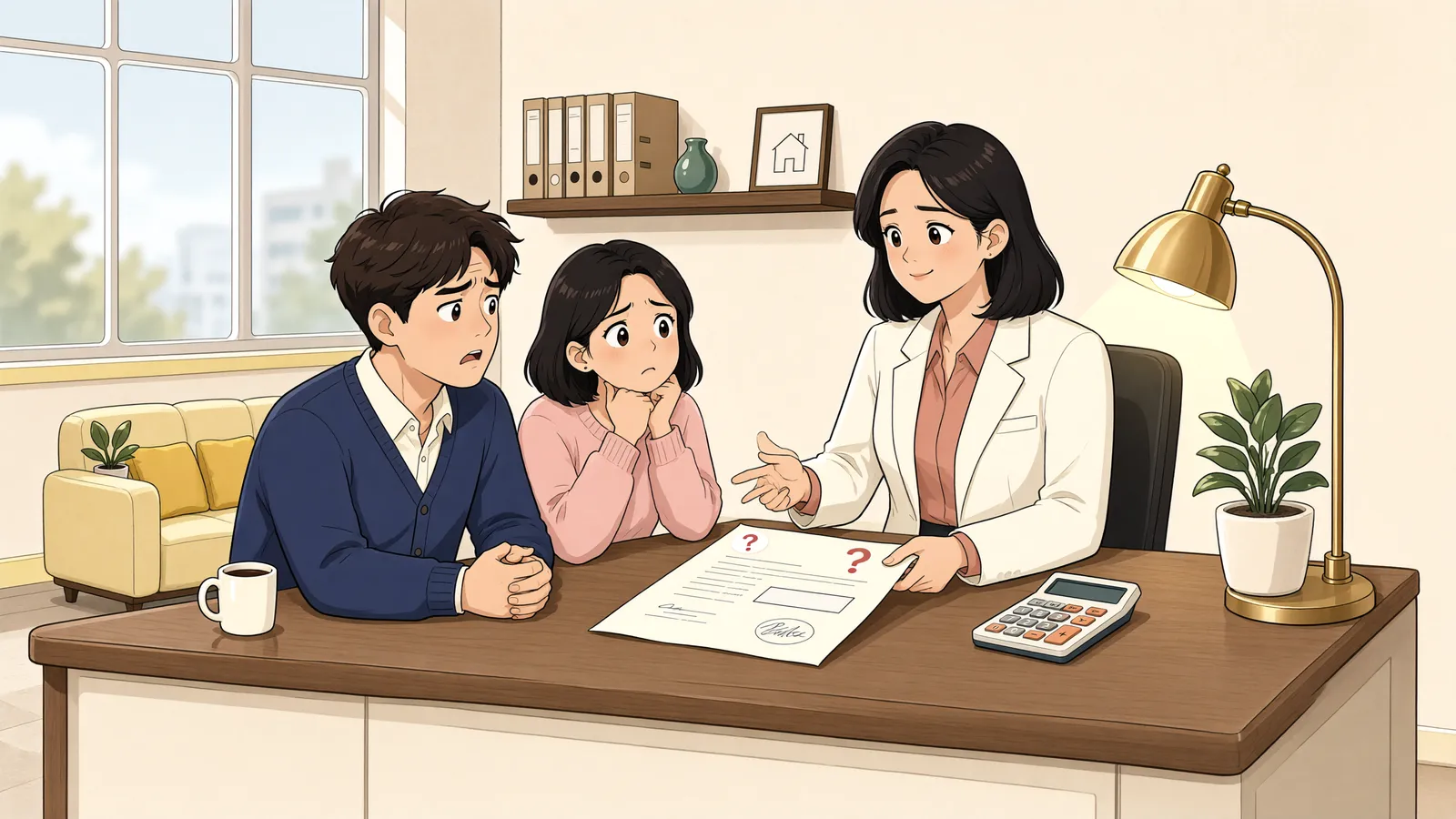 「계약금 입금 전, 매도인 쪽에서 계약을 뒤집을 수 있을까」 상황을 그린 삽화