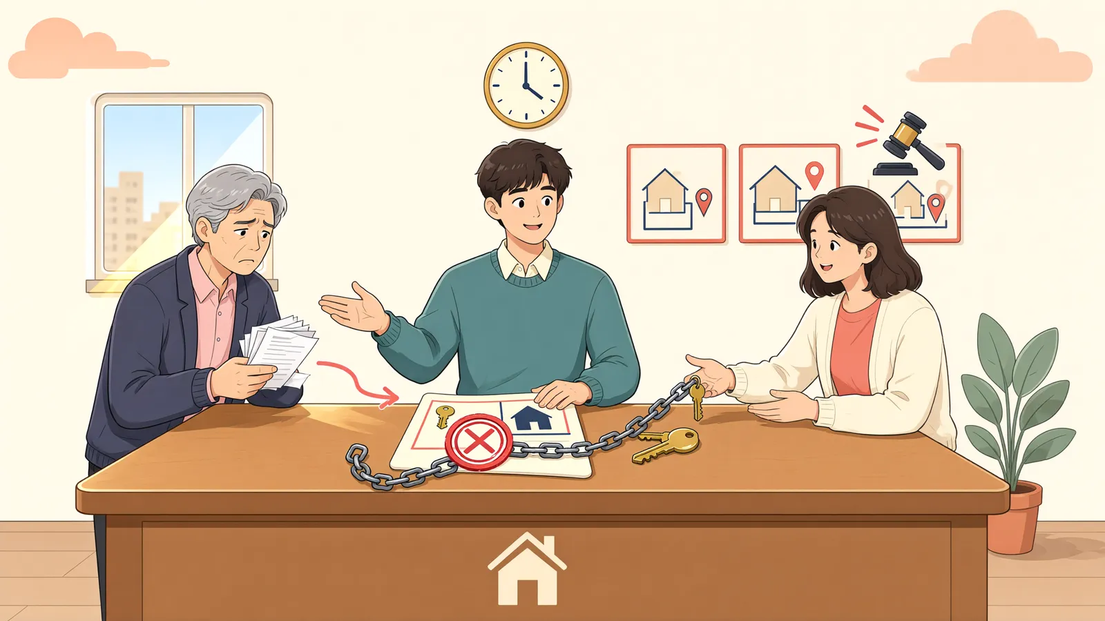 「대금은 다 냈는데, 등기 전에 세금 압류가 들어왔다면」 상황을 그린 삽화