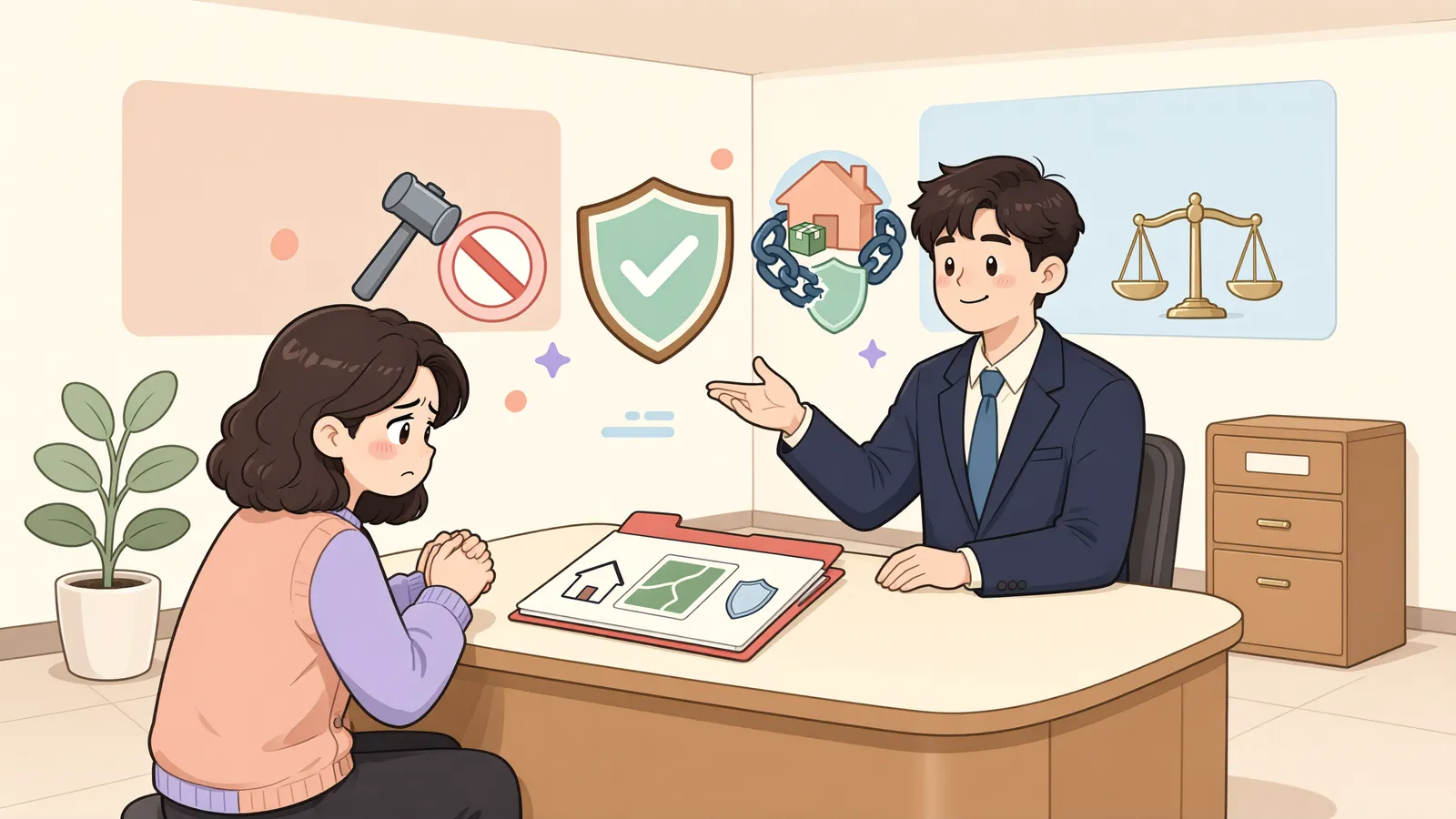 「개인회생을 신청하면 월급 압류와 집 경매가 모두 멈출까?」 상황을 그린 삽화