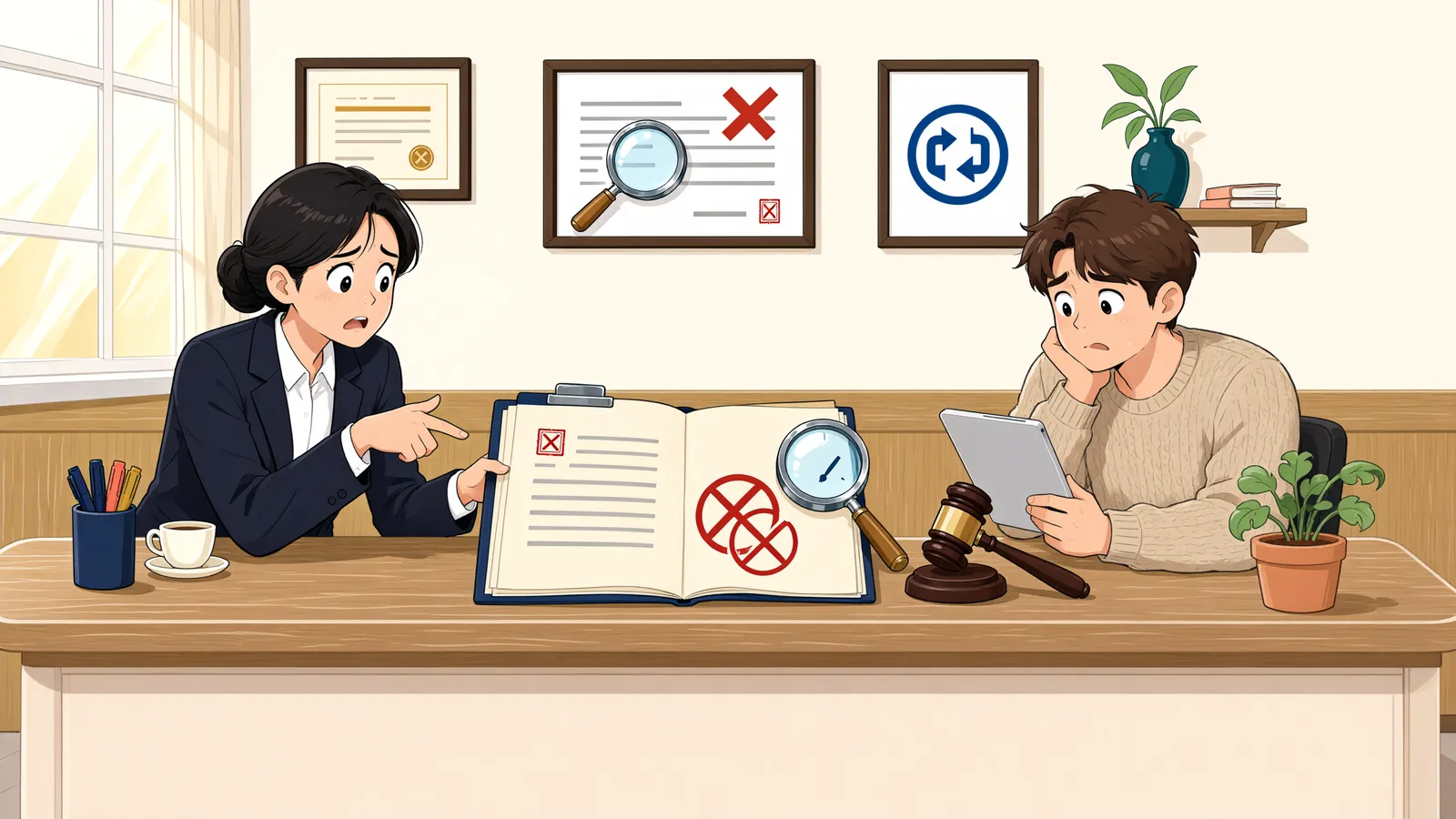 「재심에서 판결이 뒤집혔는데, 경매로 넘어간 점포는 누구 것일까?」 상황을 그린 삽화