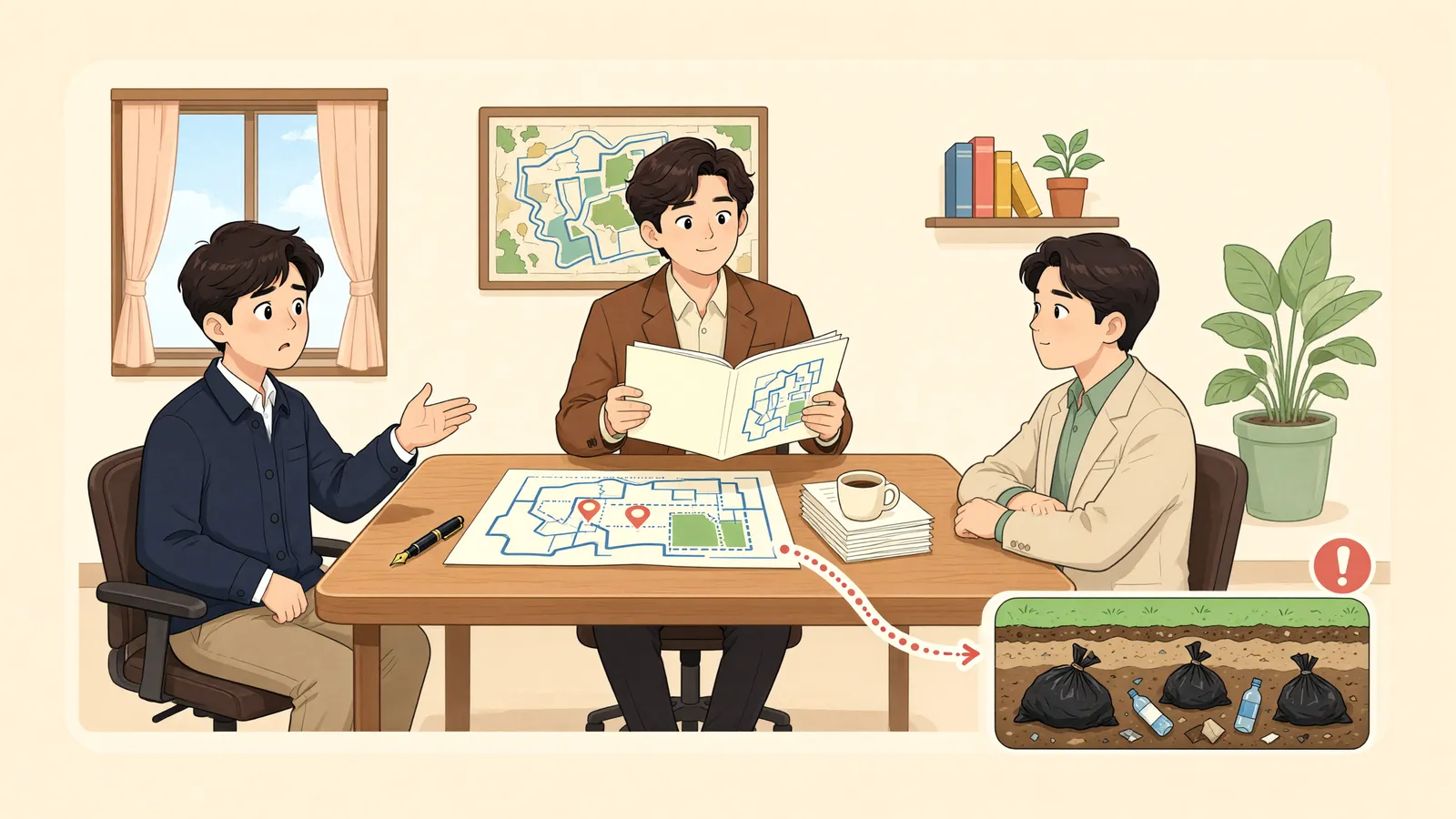 「땅속 폐기물, 전 주인에게도 책임을 물을 수 있을까」 상황을 그린 삽화