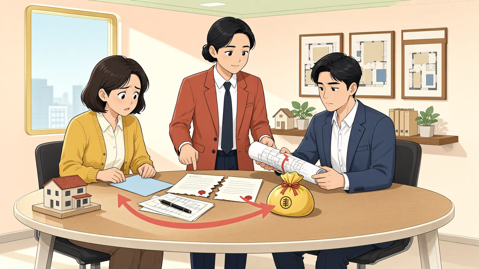 「공사 중단 뒤 남은 선급금, 돌려받을 수 있을까」 상황을 그린 삽화
