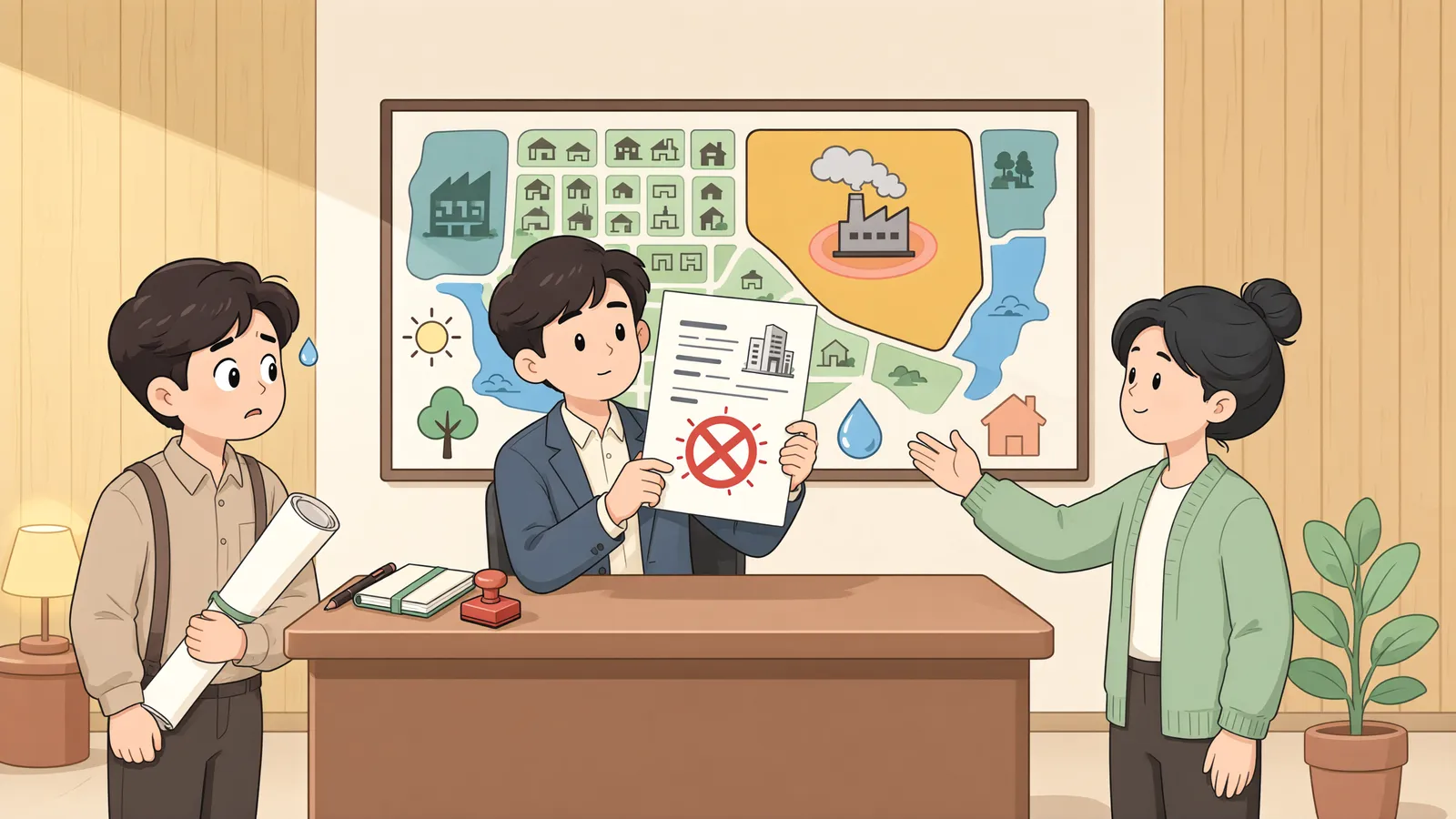 「계사 허가 반려, 환경 우려만으로 충분할까?」 상황을 그린 삽화