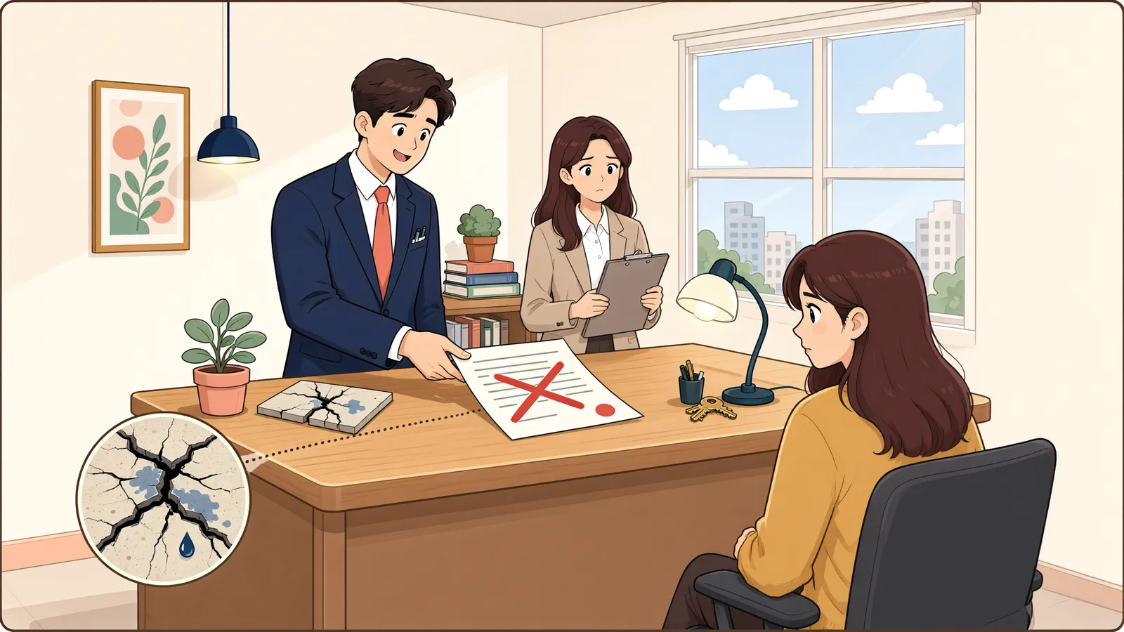 「지을 수 없는 땅, 계약을 되돌릴 수 있을까?」 상황을 그린 삽화