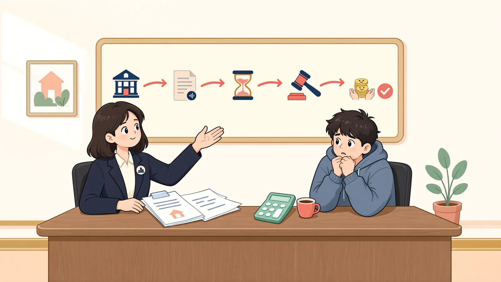 「보증금 1억 8천만 원, 소송도 오래 걸릴까요?」 상황을 그린 삽화