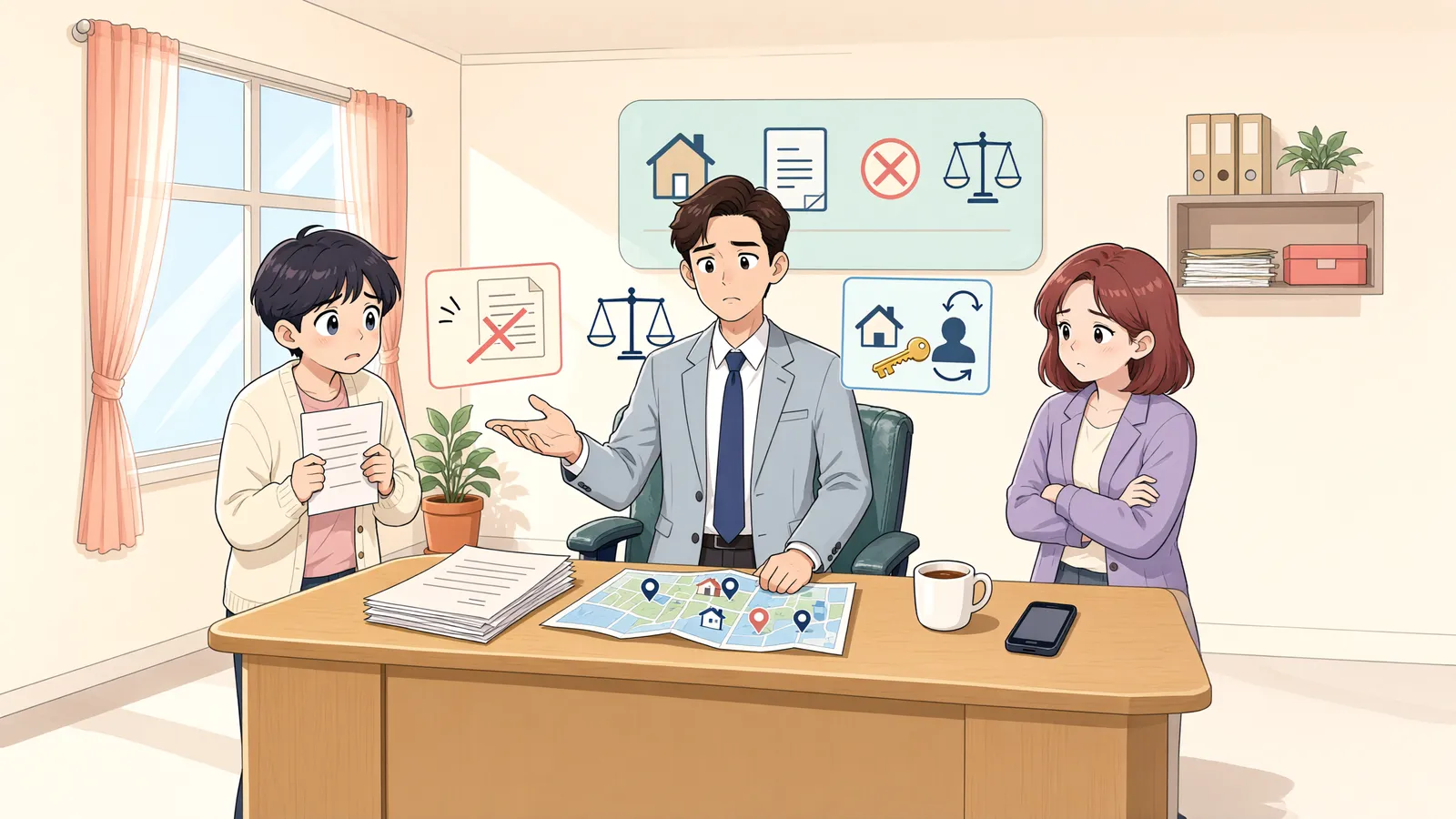 「취소 판결은 먼저, 원상회복은 나중에 청구할 수 있을까」 상황을 그린 삽화