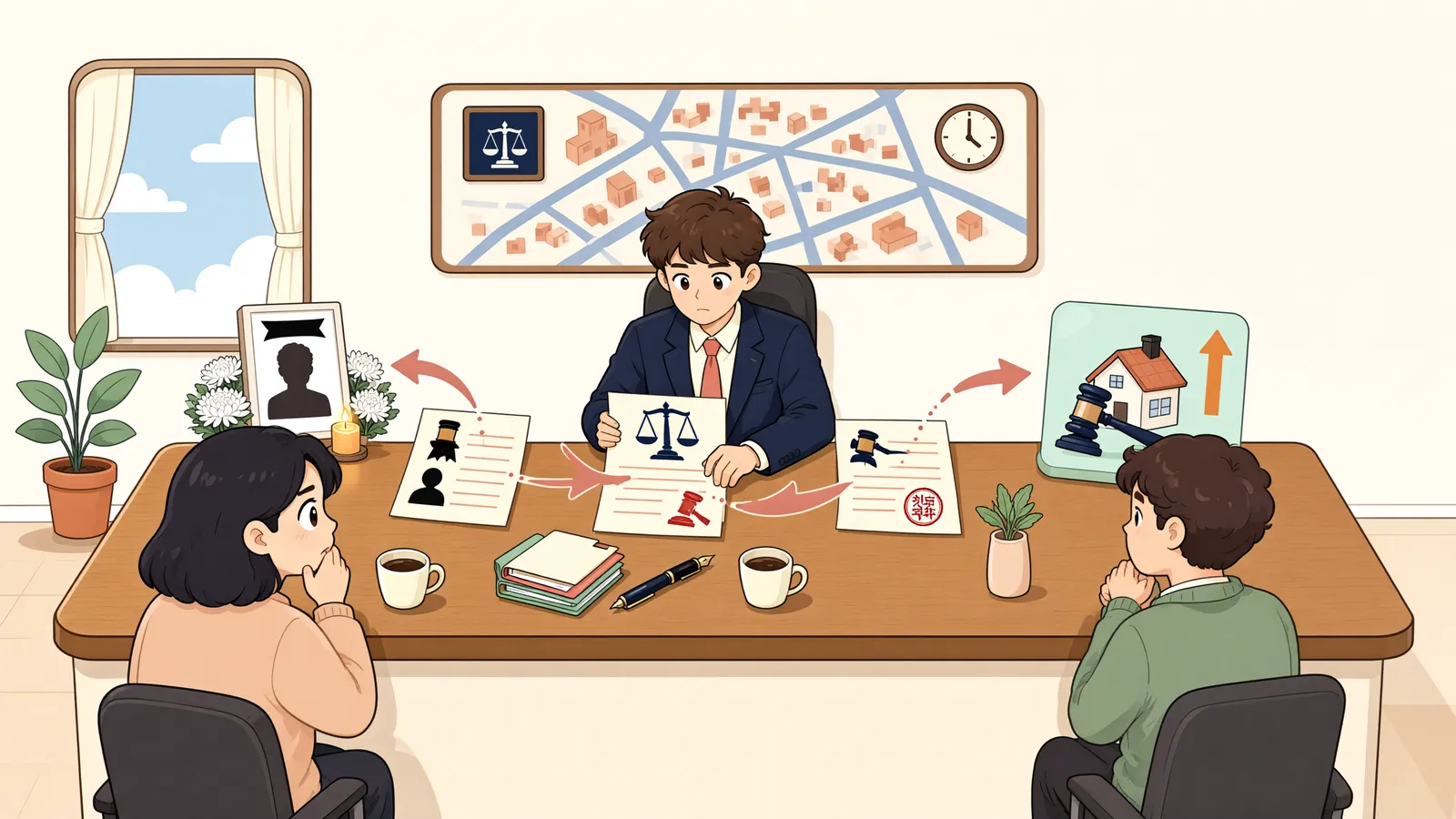 「채무자가 사망했다면, 경매 신청 전인지 후인지부터 확인하세요」 상황을 그린 삽화