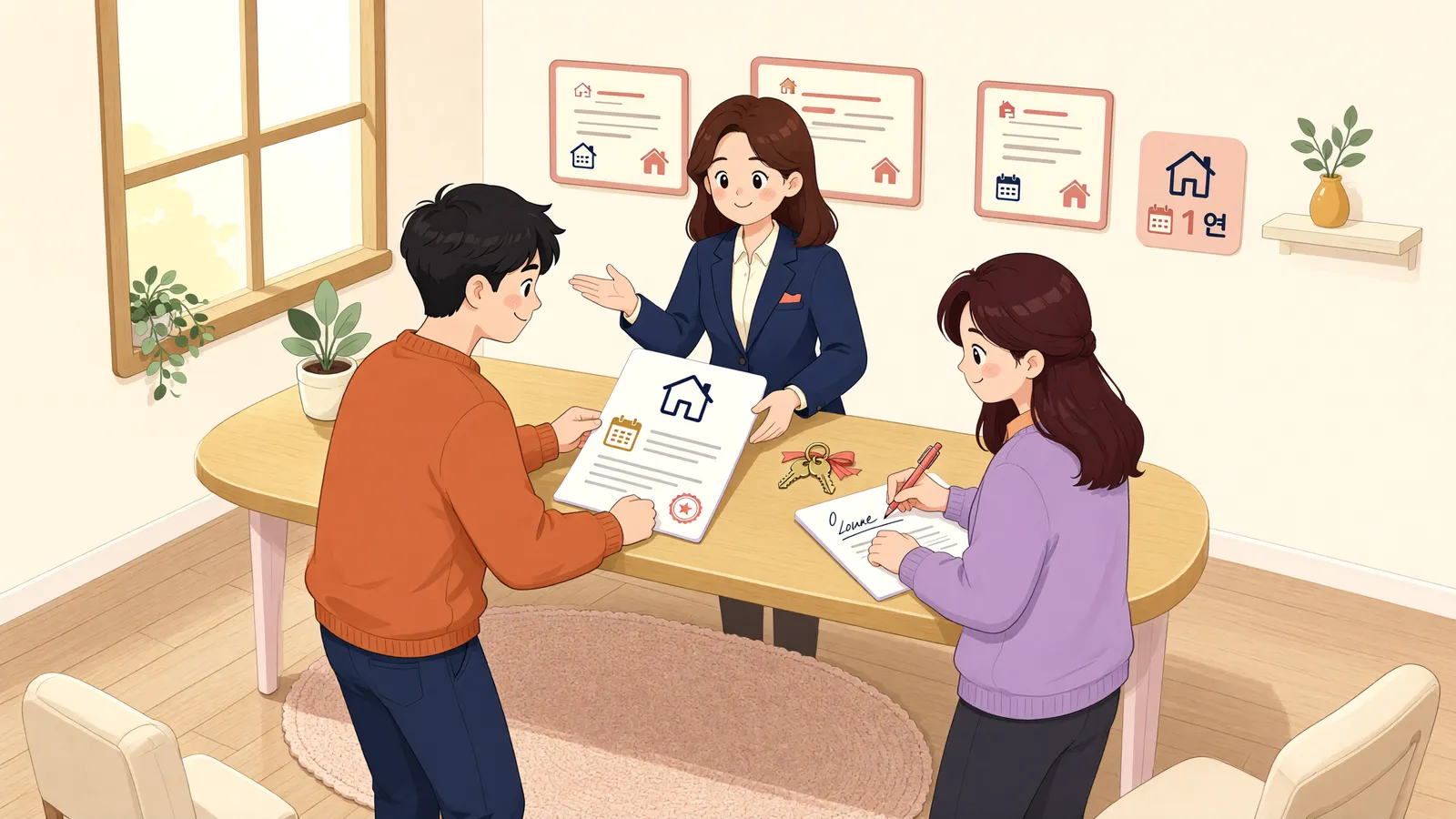 「1년 계약, 1년 만에 나가야 할까?」 상황을 그린 삽화