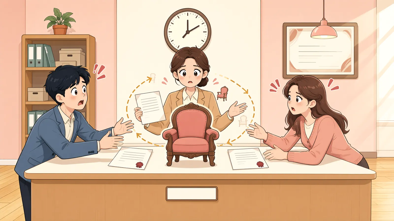 「가처분 뒤에 넘겨받은 반죽기, 누구의 것일까」 상황을 그린 삽화