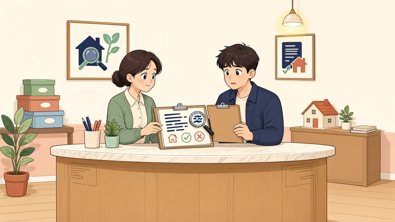 「확정일자·미등기주택·배당요구 번복, 낙찰 뒤에는 어떻게 될까?」 상황을 그린 삽화