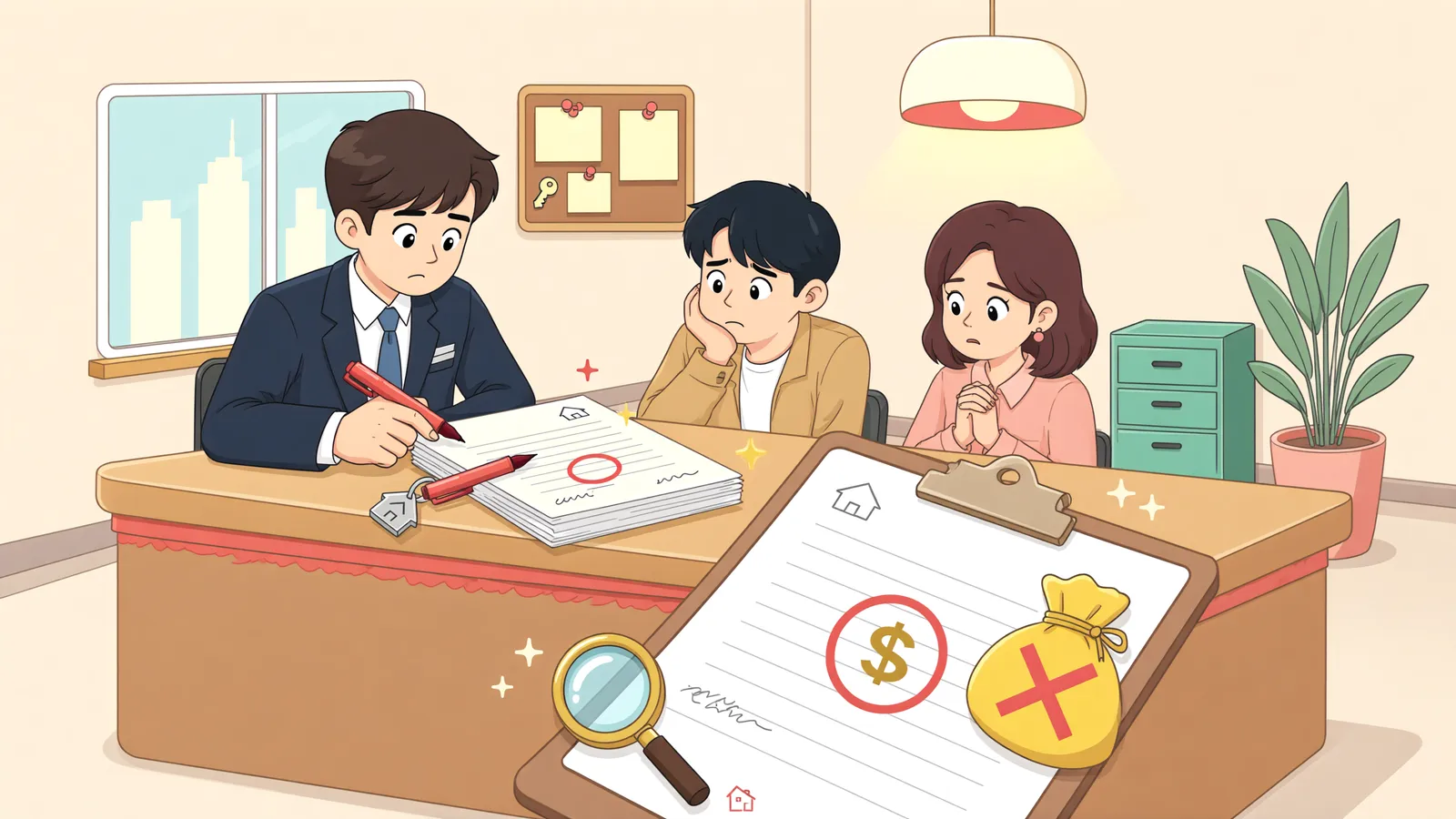 「사업승인이 늦어졌는데, 계약금과 중도금은 돌려받을 수 있을까?」 상황을 그린 삽화