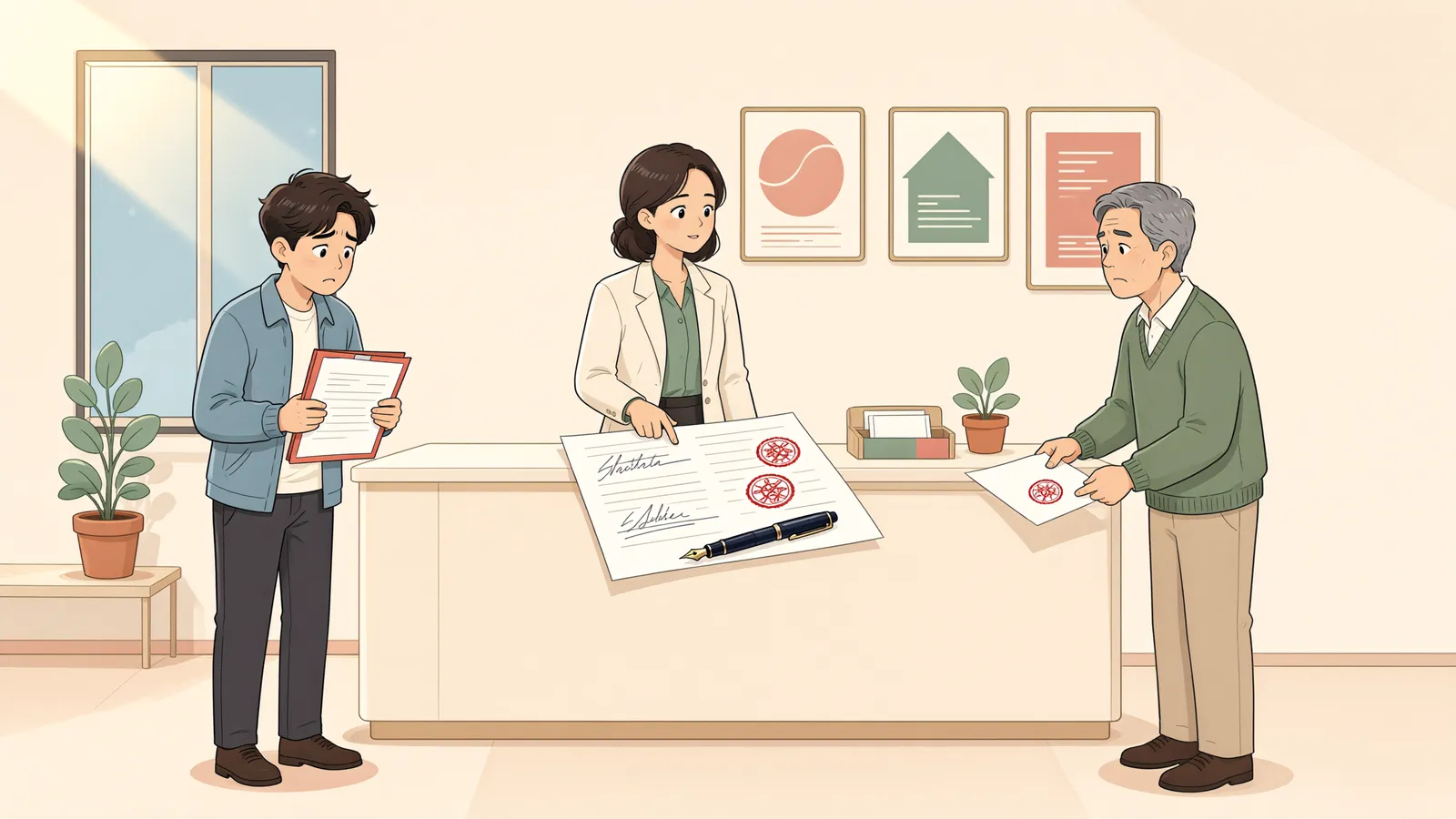 「계약은 해제됐는데, 중개보수는 내야 할까요?」 상황을 그린 삽화
