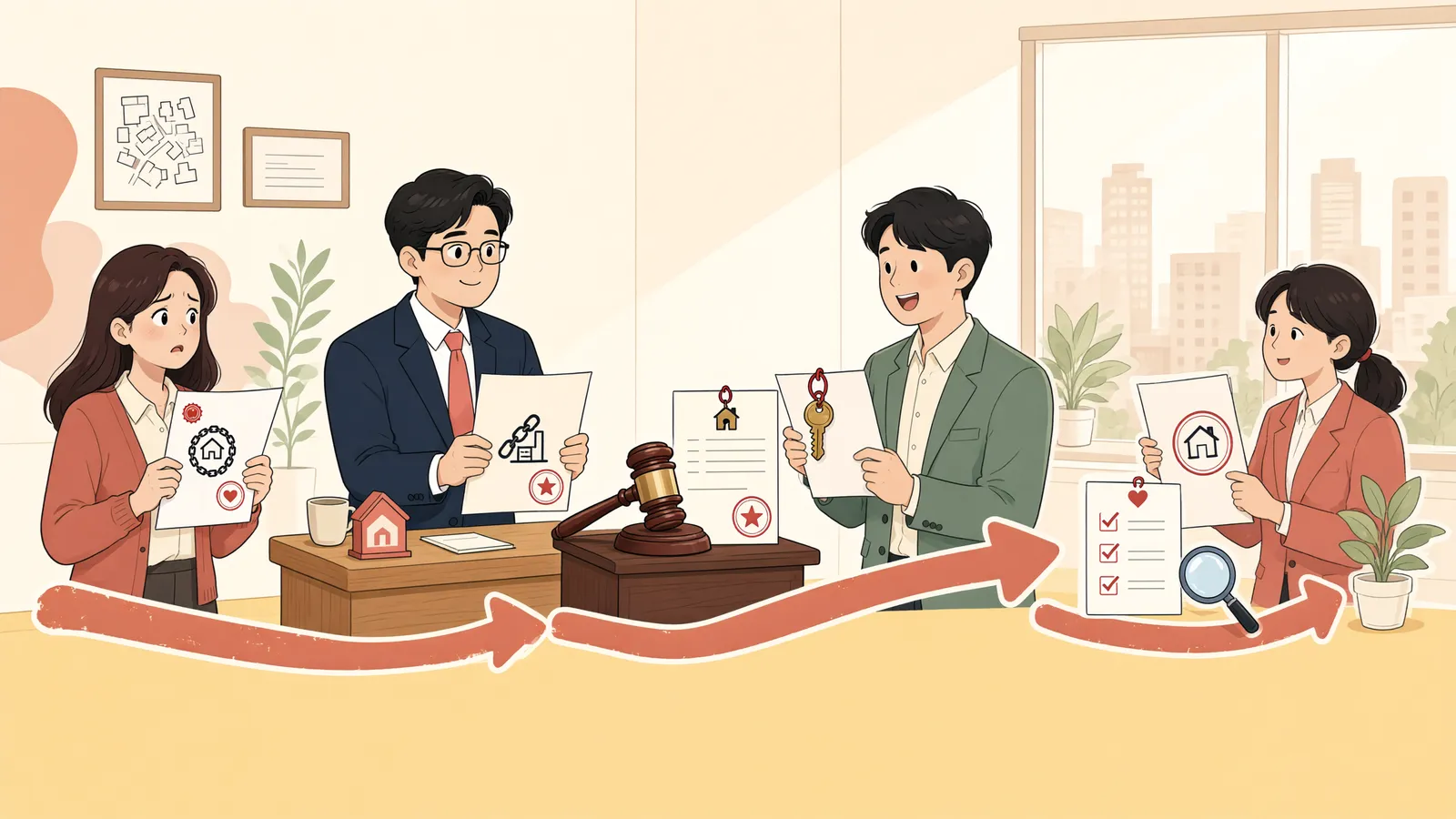 「경매로 사라진 근저당권, 배당금은 어디로 돌려야 할까」 상황을 그린 삽화