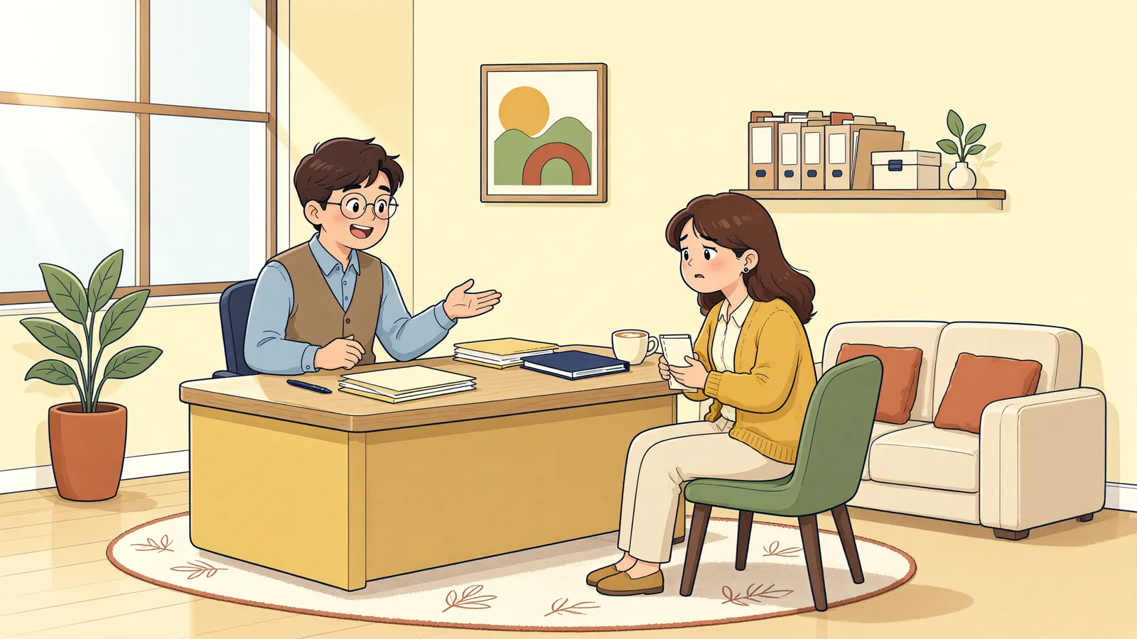 「개인회생 변제기간, 무조건 5년일까요?」 상황을 그린 삽화