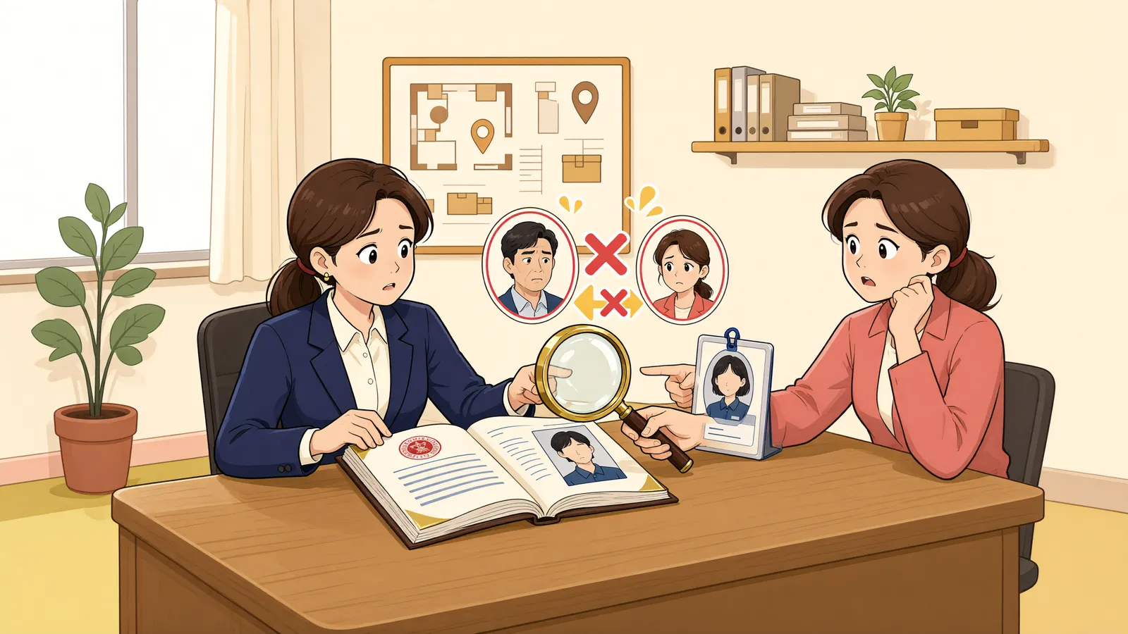 「등기부 이름이 다를 때, 다른 사람일까요?」 상황을 그린 삽화