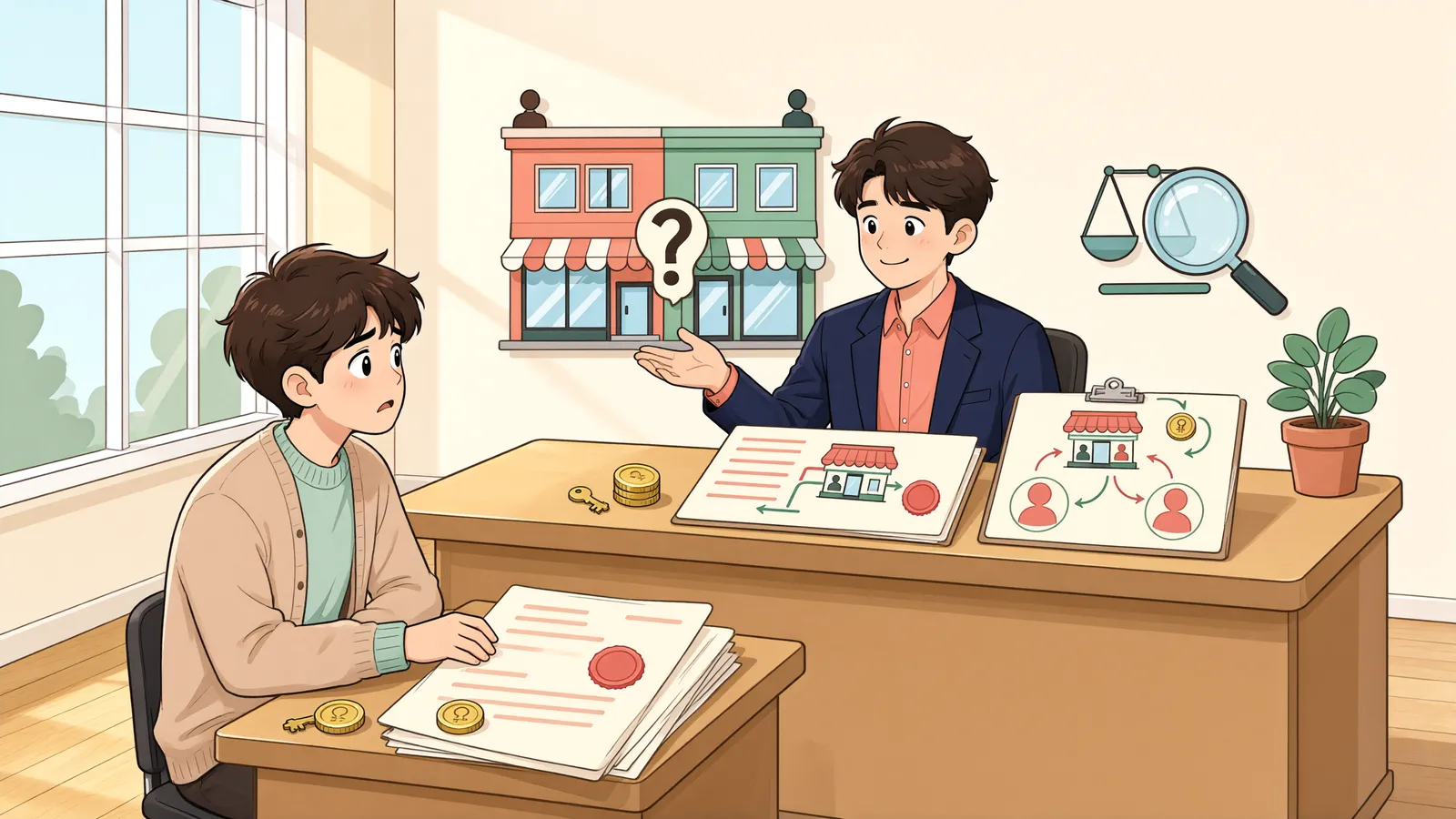 「공유자와 함께 임대한 상가, 보증금 전액은 누구에게 청구할까」 상황을 그린 삽화