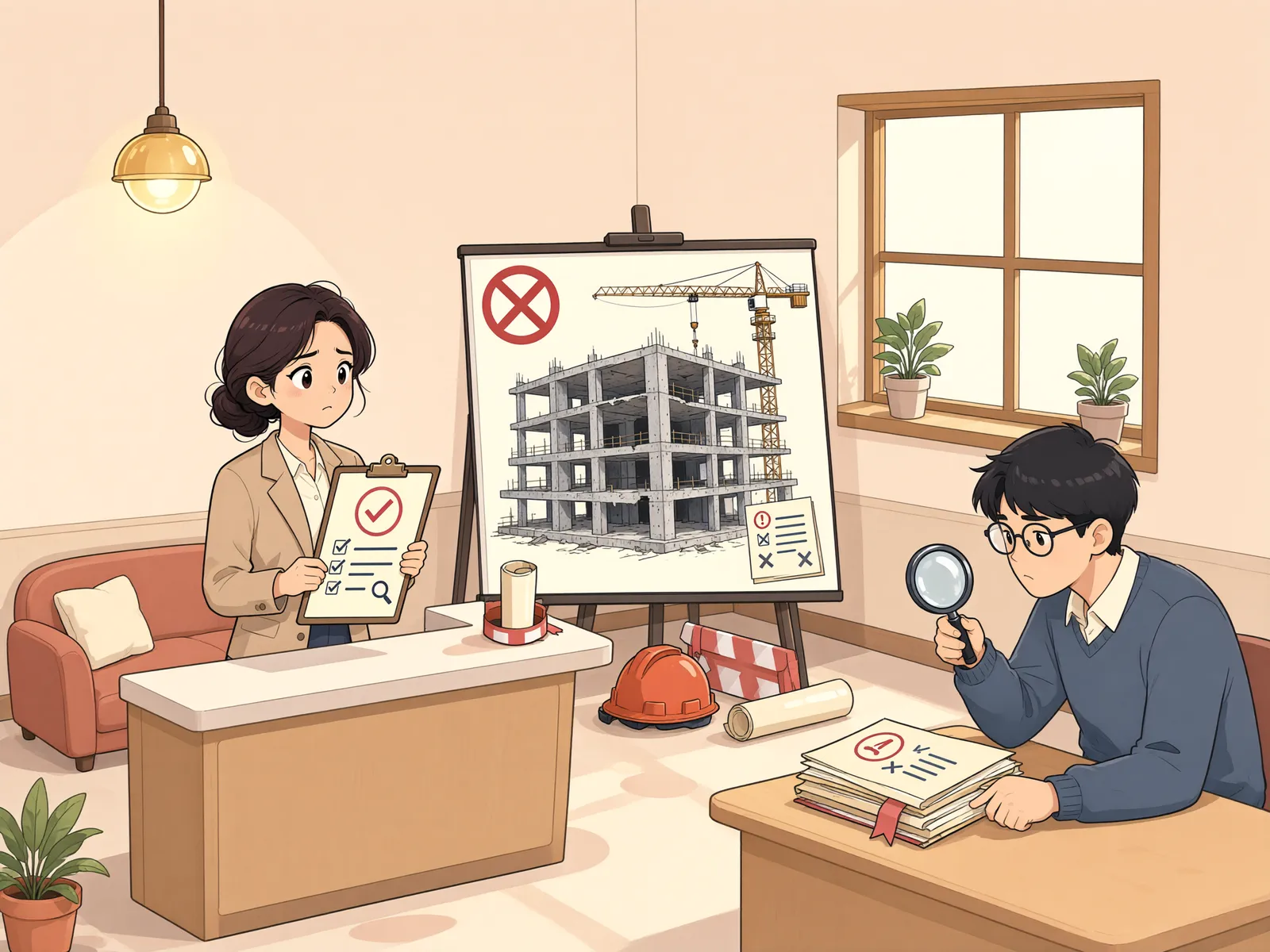 「공사 중인 건물도 가압류할 수 있을까?」 상황을 그린 삽화