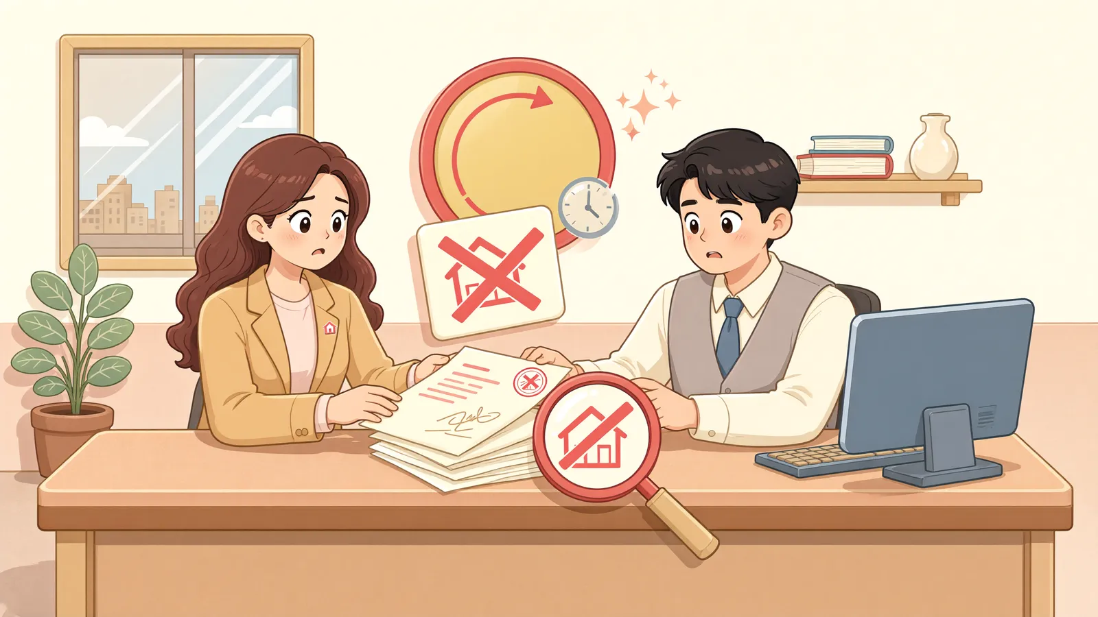「등기가 늦어도 세금 시효가 늦춰지지는 않는다」 상황을 그린 삽화