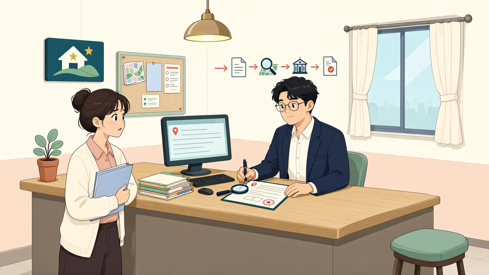 「토지대장 속 이름이 다르면, 매수인이 바로 등기할 수 있을까」 상황을 그린 삽화