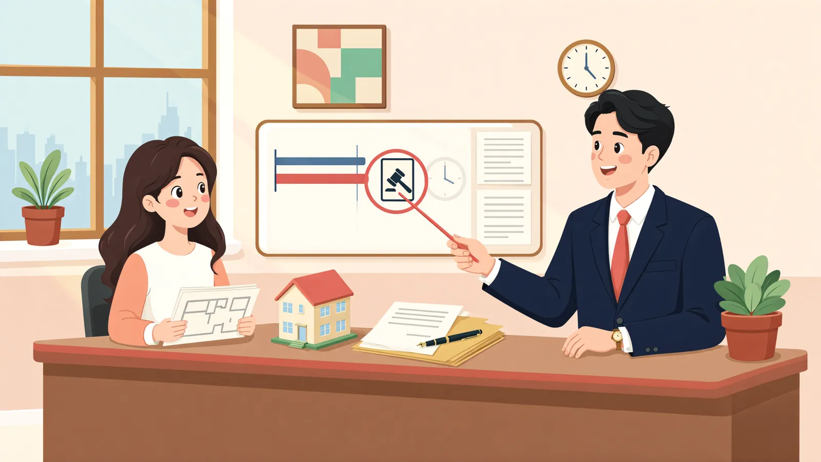 「취득시효 만료 직전 제기된 소송, 땅 주인의 응소가 시효를 멈출까」 상황을 그린 삽화