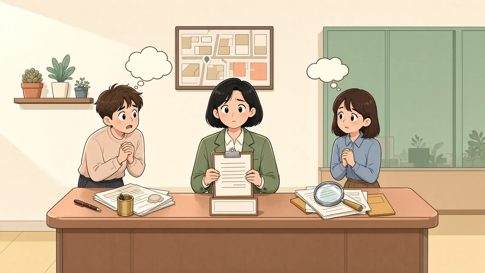 「공동임차인 중 한 사람에게 월세 전액을 청구할 수 있을까?」 상황을 그린 삽화