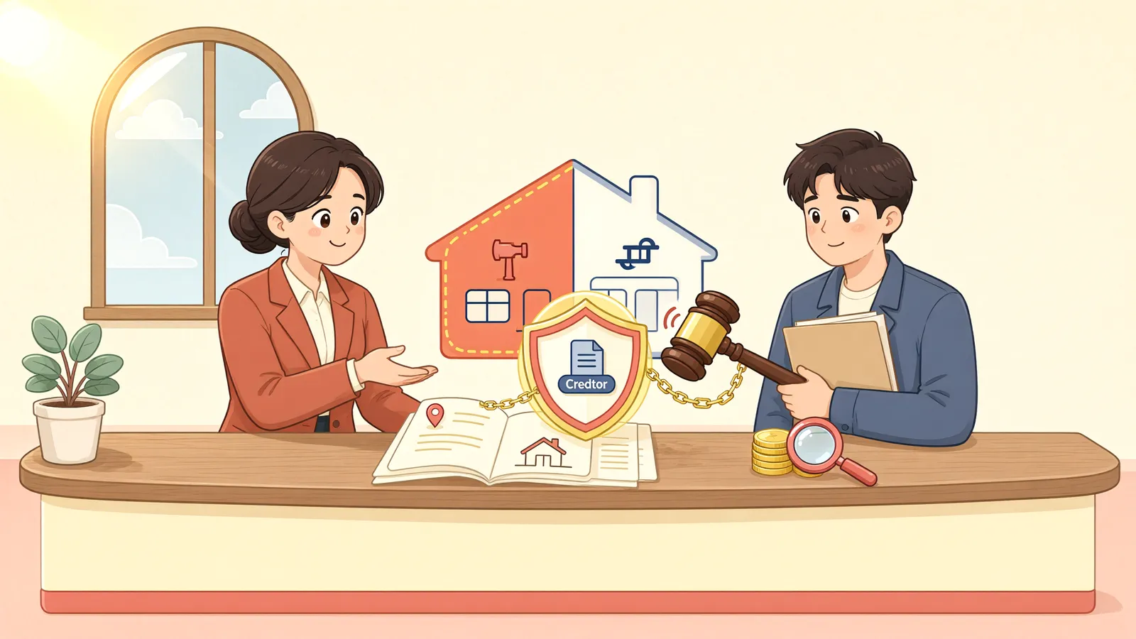 「먼저 경매된 담보, 후순위권자의 길은 남아 있을까」 상황을 그린 삽화