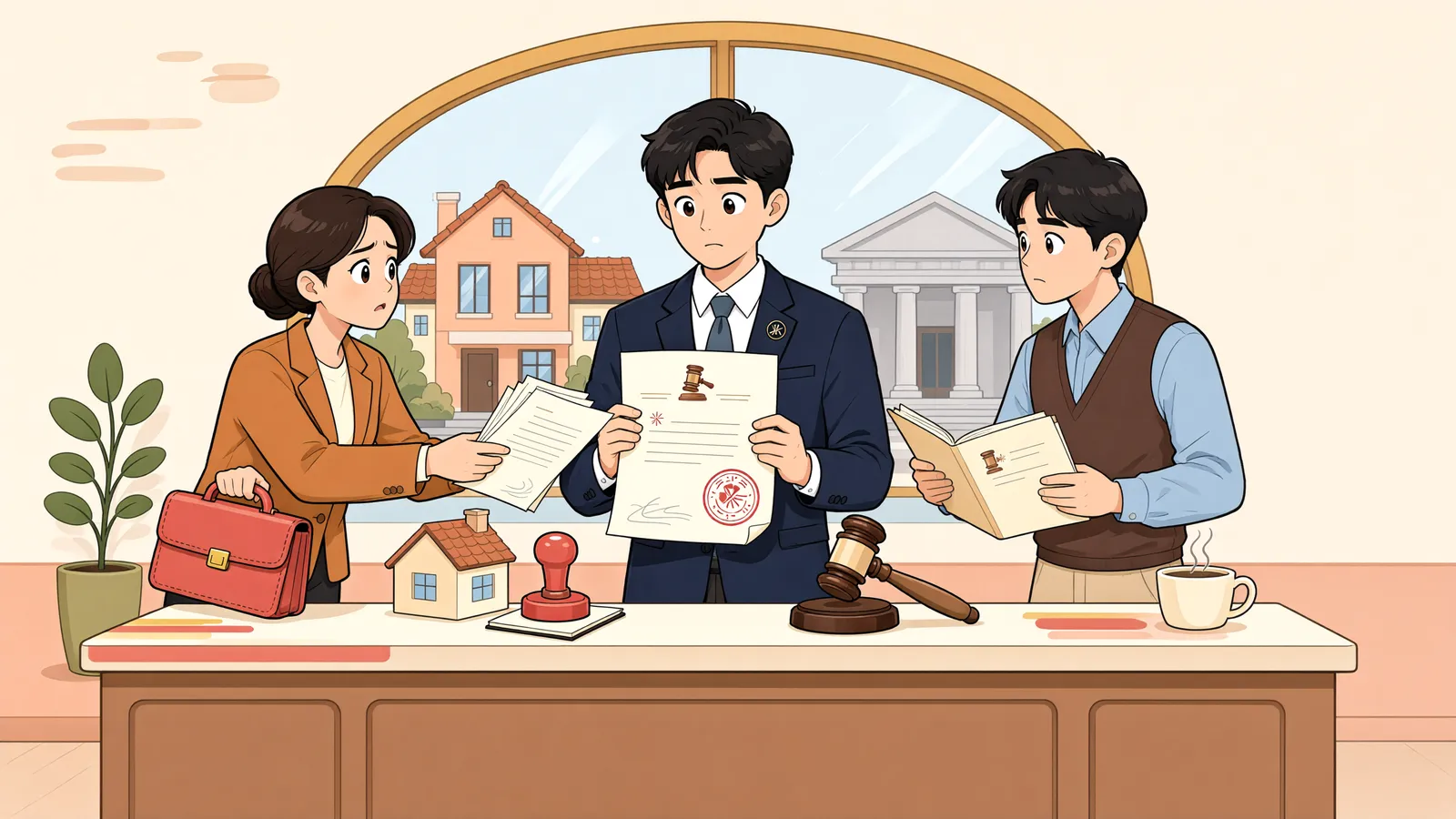 「동산양도담보 목적물이 경매되면, 다른 채권자와 나눠야 할까?」 상황을 그린 삽화