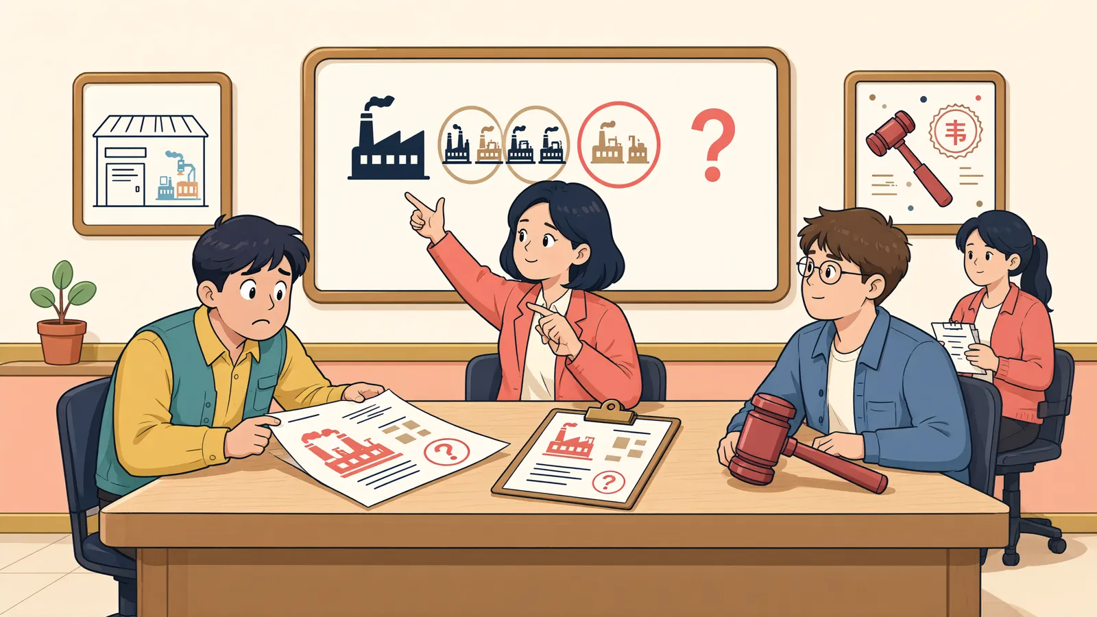 「경매목록에서 빠진 공장 기계, 정말 빠지는 걸까?」 상황을 그린 삽화