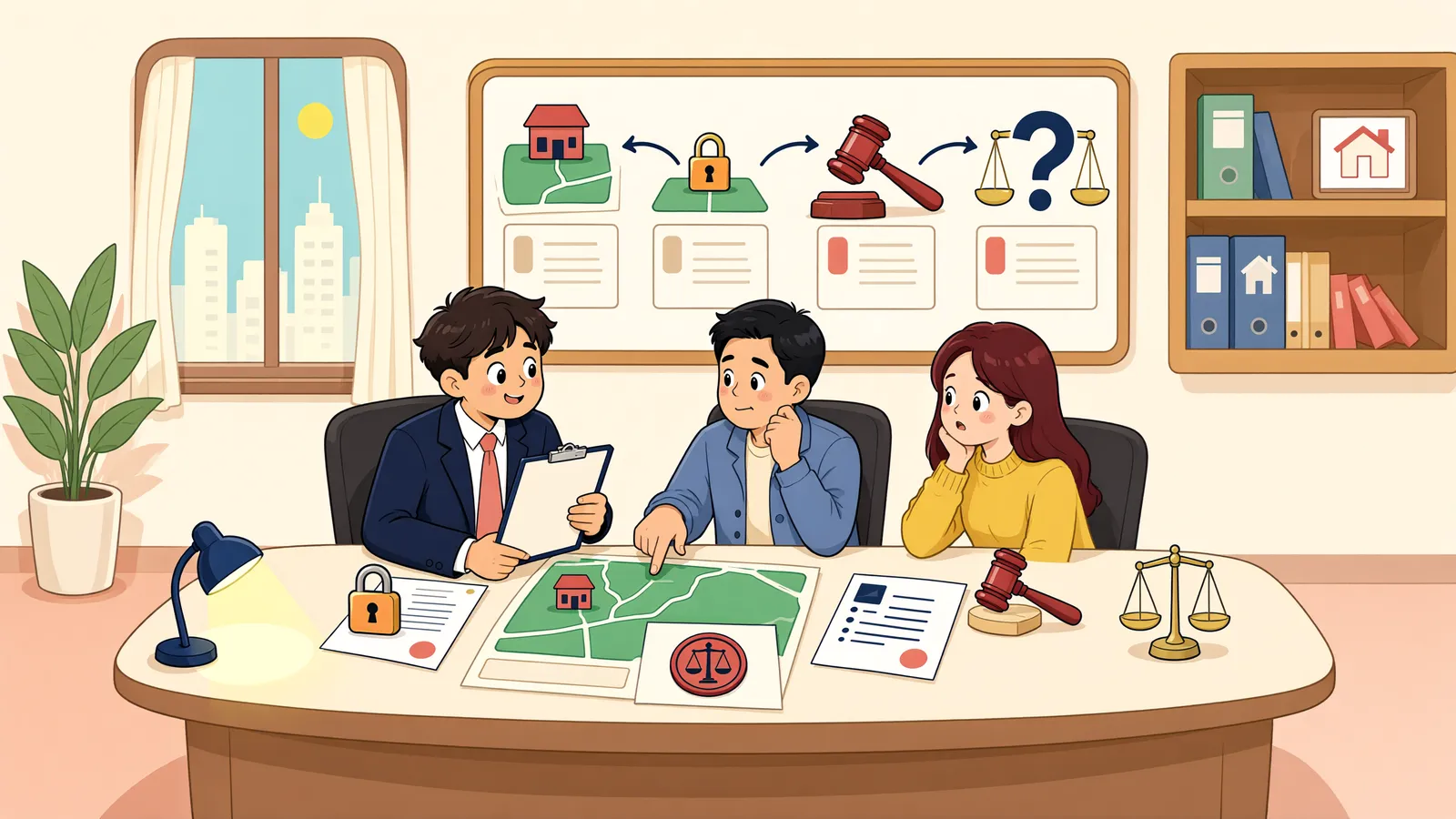 「땅만 등기한 매수인, 건물 철거를 막을 수 있을까」 상황을 그린 삽화