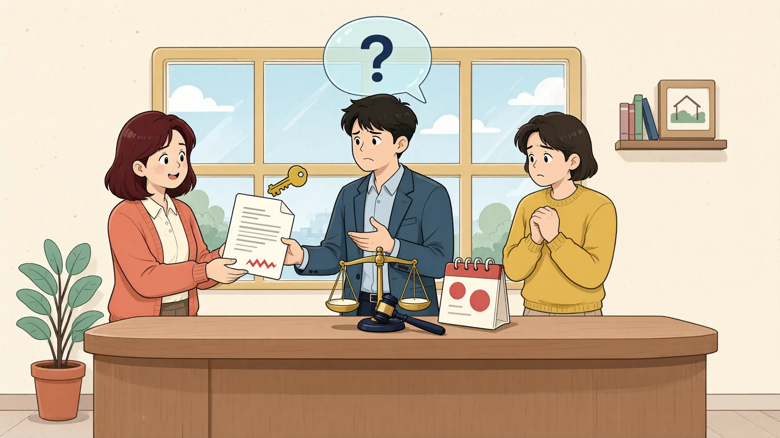 「전 주인의 미수 차임, 새 임대인이 계약을 끝낼 수 있을까」 상황을 그린 삽화