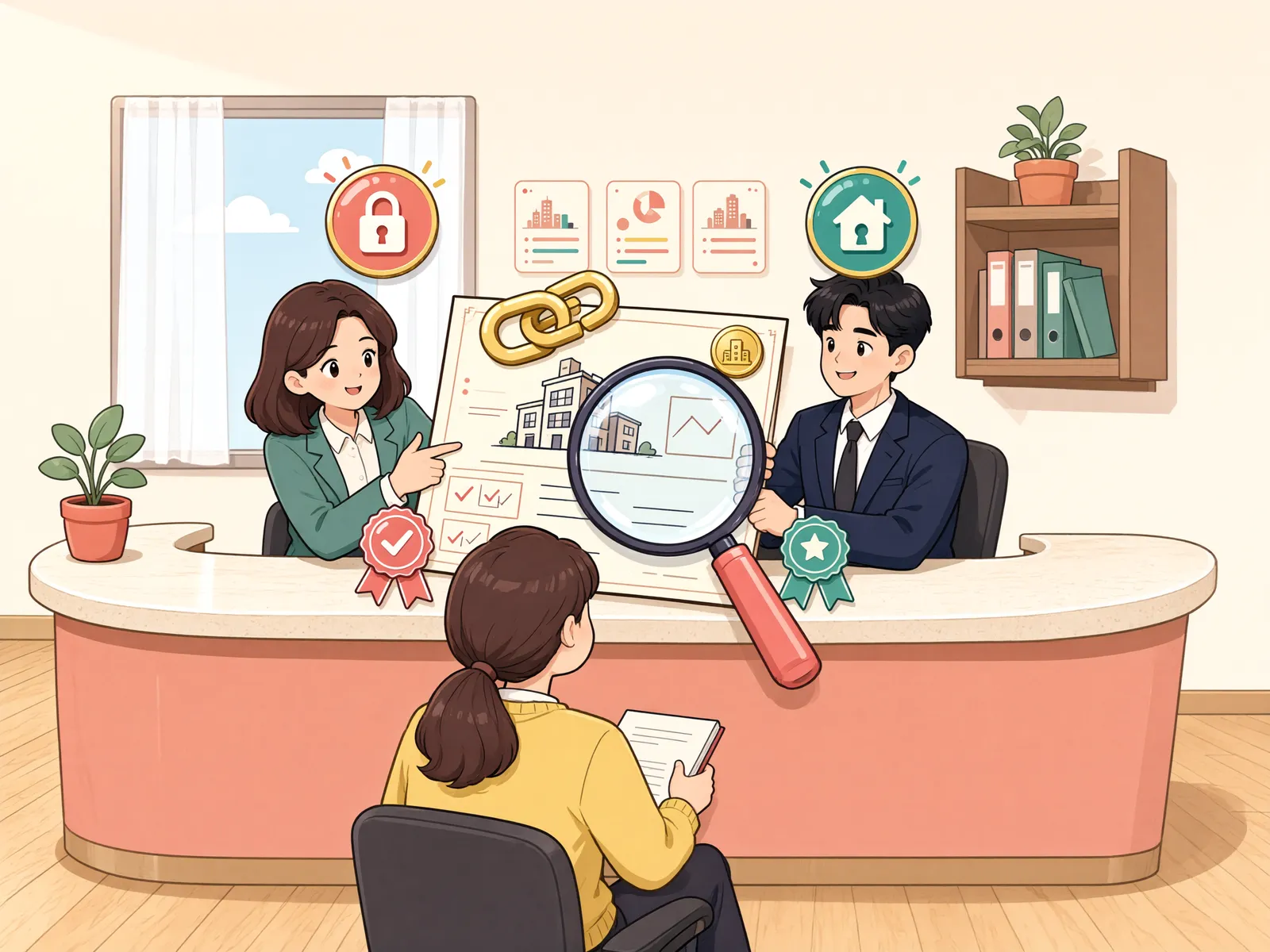 「공동담보 표시가 빠졌어도, 근저당권은 함께 묶일 수 있습니다」 상황을 그린 삽화