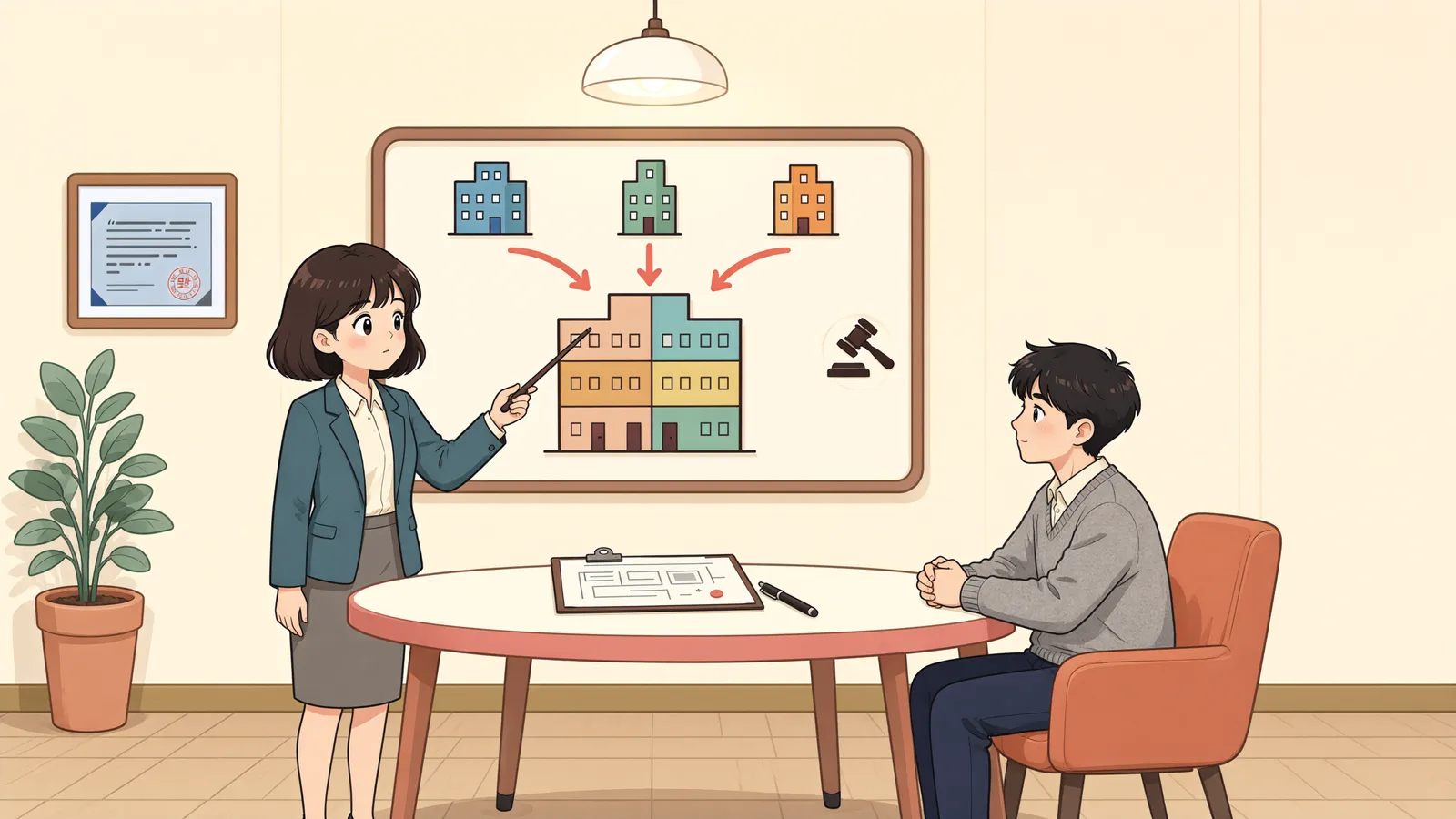 「벽을 허물어 하나가 된 점포, 저당권 경매는 어디까지 가능할까」 상황을 그린 삽화