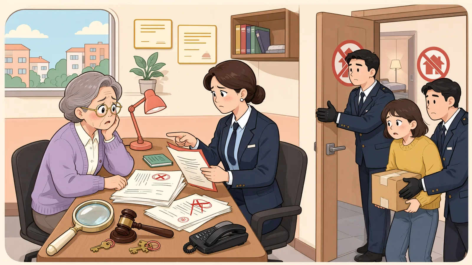 「점유이전금지가처분 뒤 들어온 사람, 바로 내보낼 수 있을까」 상황을 그린 삽화