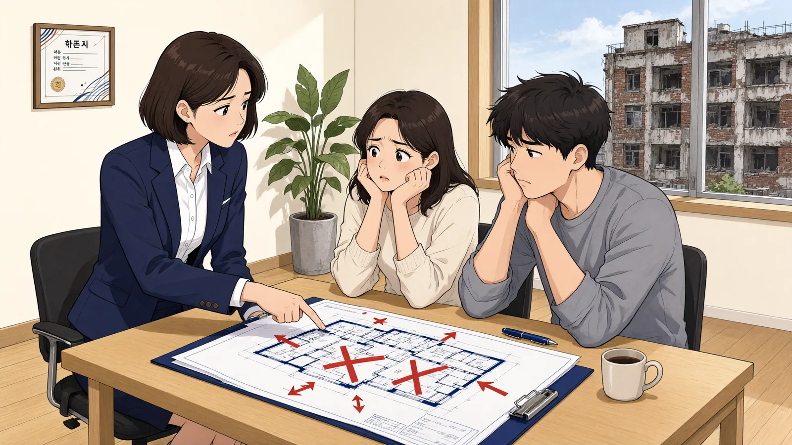 「땅 주인은 따로, 철거할 사람은 따로일 수 있습니다」 상황을 그린 삽화