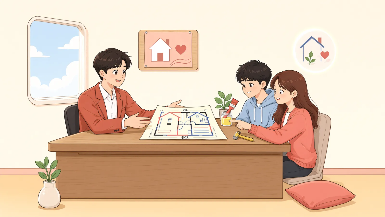 「집을 고친 뒤 집주인이 바뀌었다면, 유익비는 누구에게 청구할까」 상황을 그린 삽화