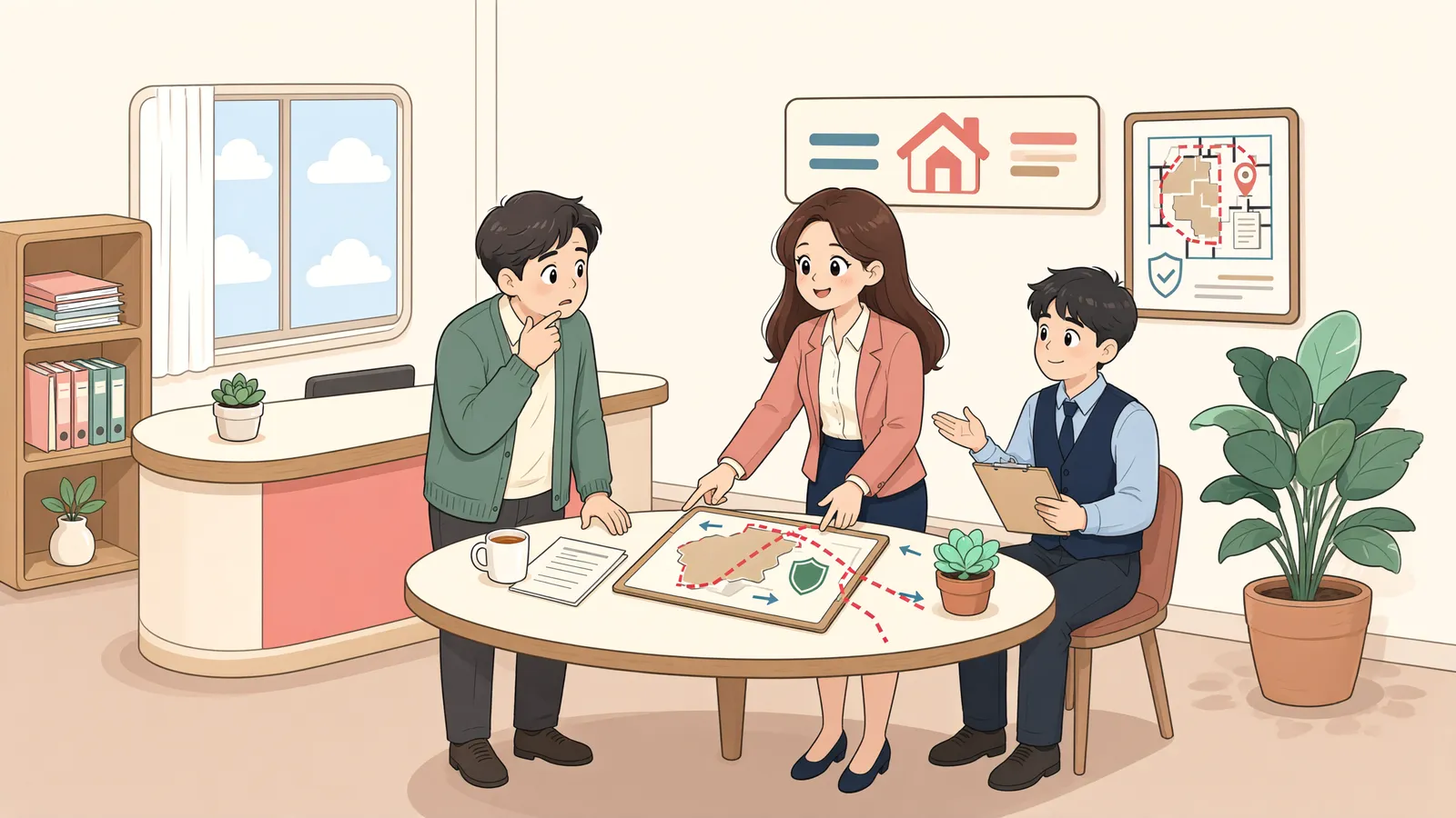 「그늘이 드리우기 전에: 인접 건축과 소유물방해예방청구」 상황을 그린 삽화