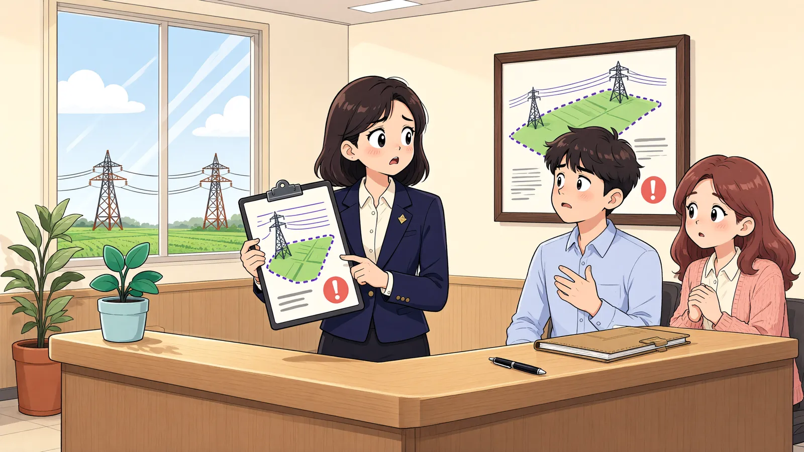 「농지 위 송전선, 농사에 지장 없어도 사용료를 청구할 수 있을까」 상황을 그린 삽화