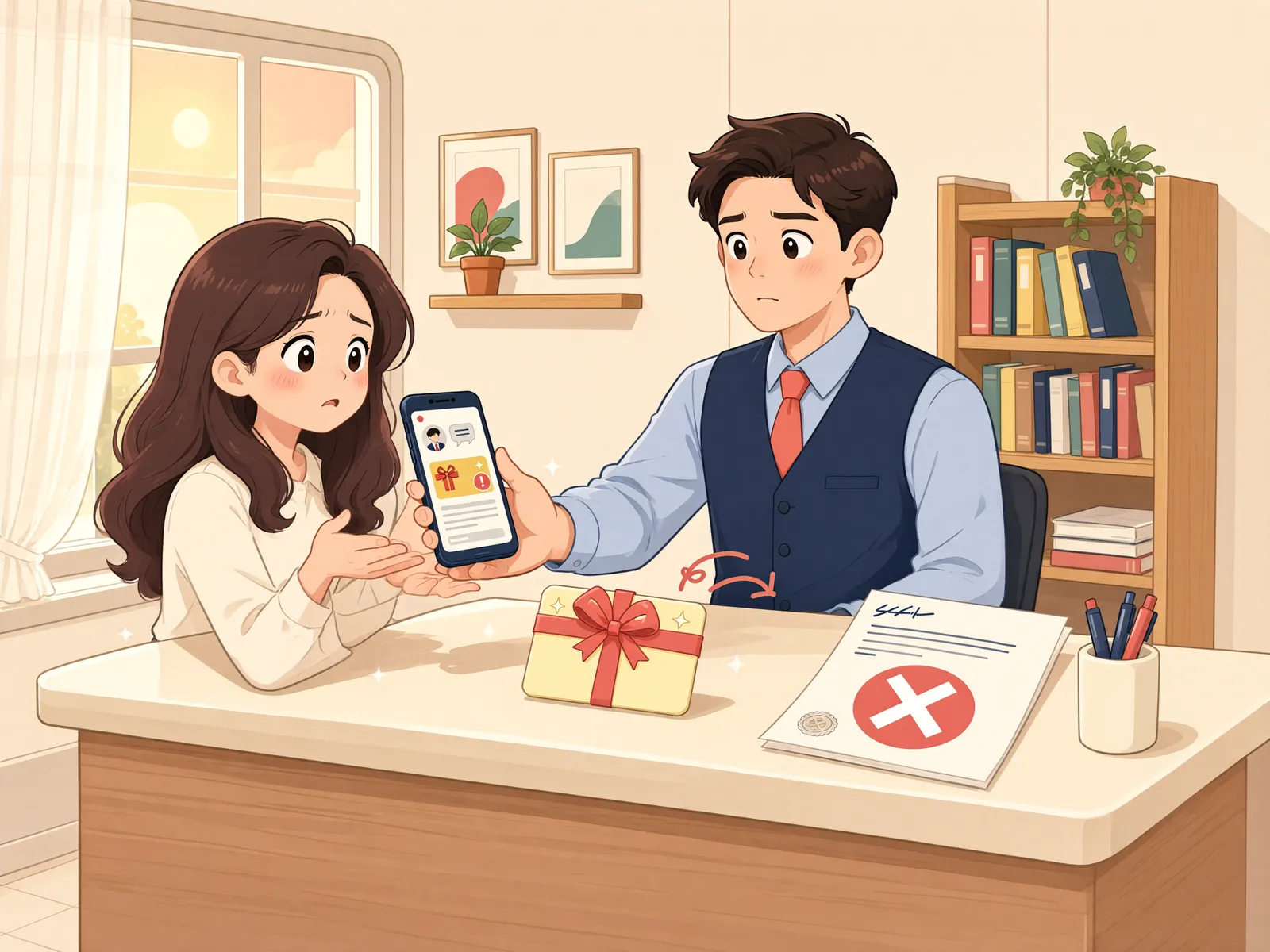 「사용기한을 알리지 않은 상품권, 환불을 요구할 수 있을까」 상황을 그린 삽화