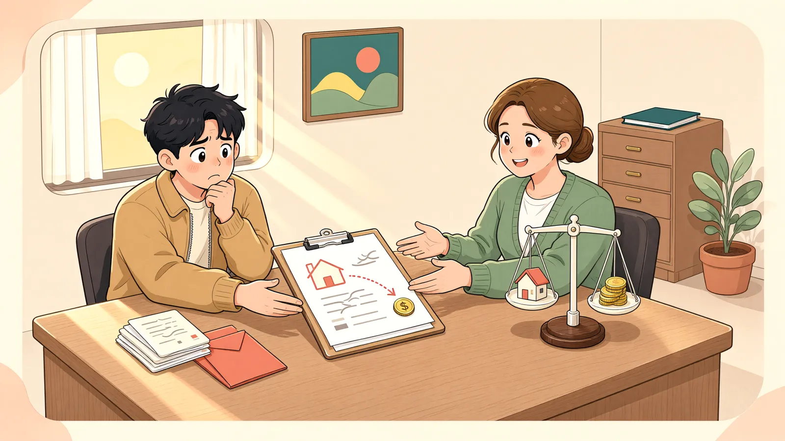 「일하는 트럭은 지키고, 상속 토지는 변제에 쓸 수 있을까」 상황을 그린 삽화