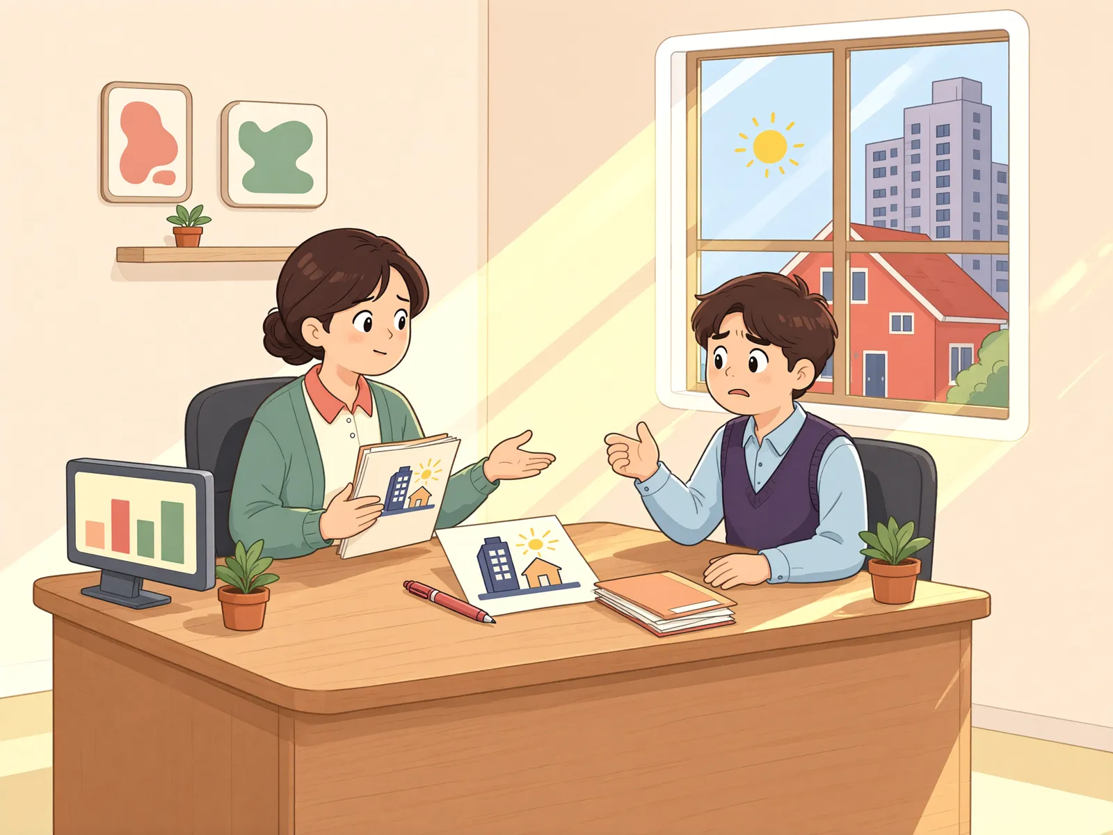 「햇빛을 가린 새 건물, 손해배상은 어디까지?」 상황을 그린 삽화