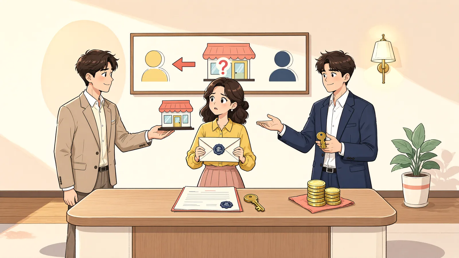 「상가건물이 팔렸다면, 보증금은 누구에게 청구할까?」 상황을 그린 삽화