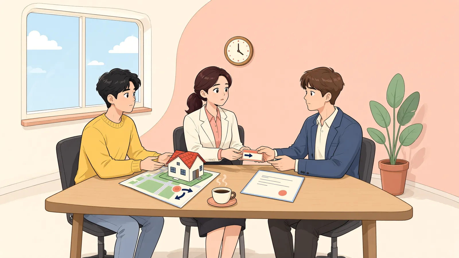 「임대차가 끝난 뒤 땅 주인이 바뀌었다면, 건물매수청구는 누구에게?」 상황을 그린 삽화