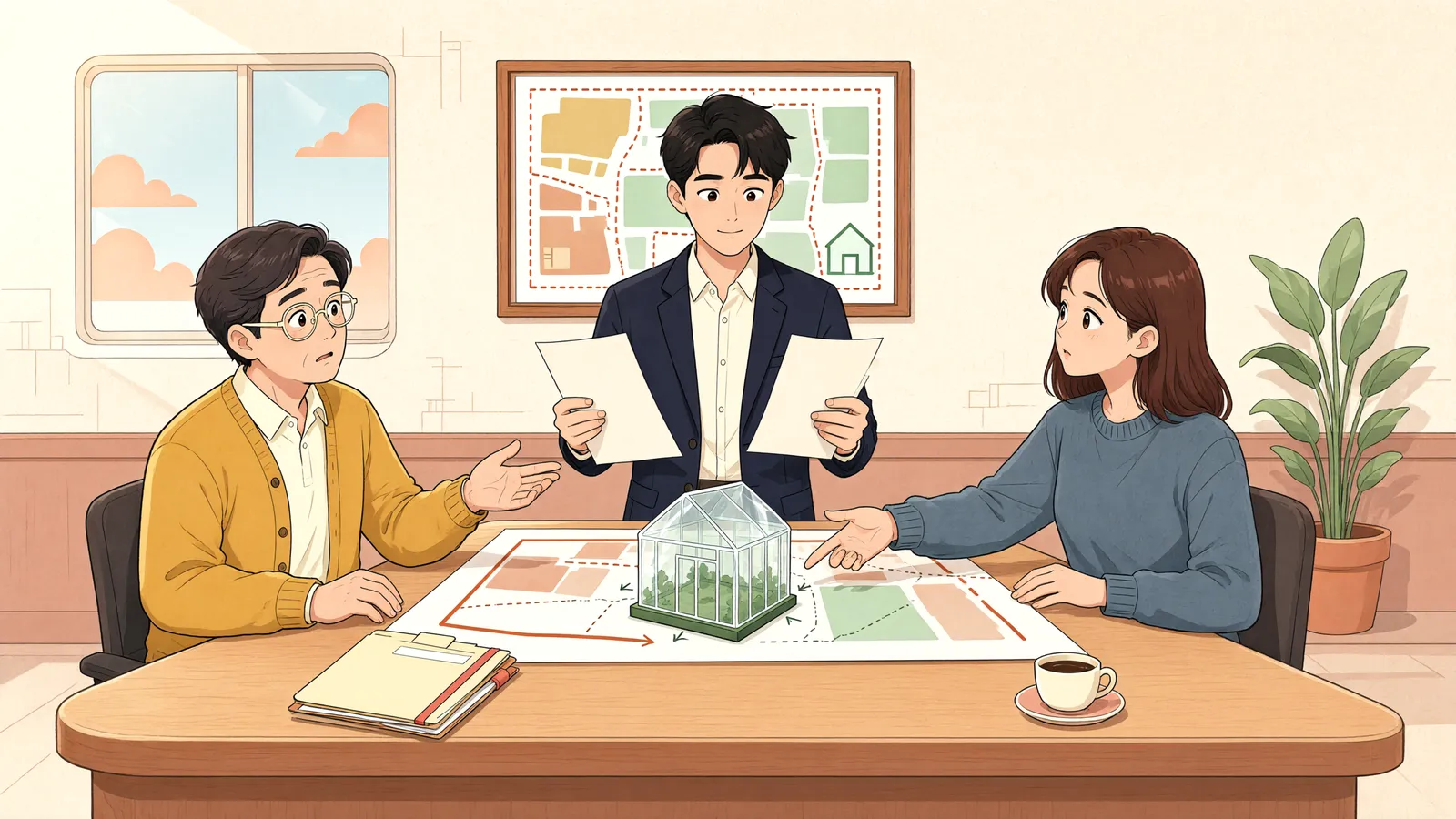 「파이프하우스, 계약이 끝나면 임대인이 사야 할까?」 상황을 그린 삽화