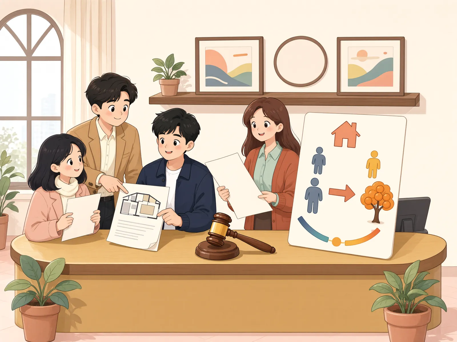 「대금을 다 냈는데도 과수원에 남은 전 소유자, 열매는 누구 것일까」 상황을 그린 삽화