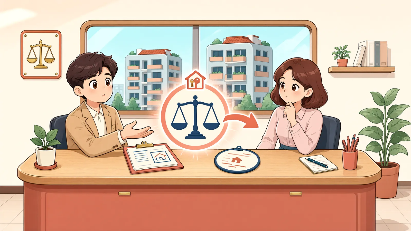 「아파트 대지를 함께 쓰는 사람들, 누구에게 사용료를 내야 할까?」 상황을 그린 삽화